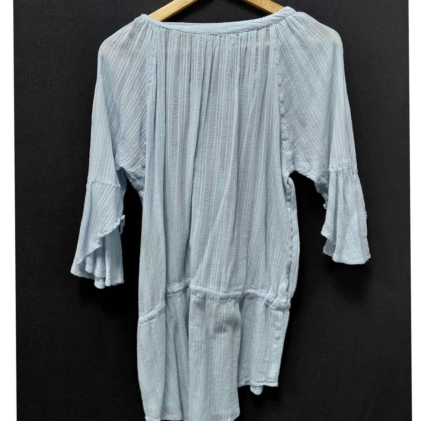 Vintage VIX PAULA HERMANNY Blue Tunic Top 3/4 Sleeve Knit Blouse Womens M Solid Drawstring Scoop Neck Bell Sleeve Casual Travel Seasonal Size M / US 6-8 / IT 42-44 - 2 Thumbnail