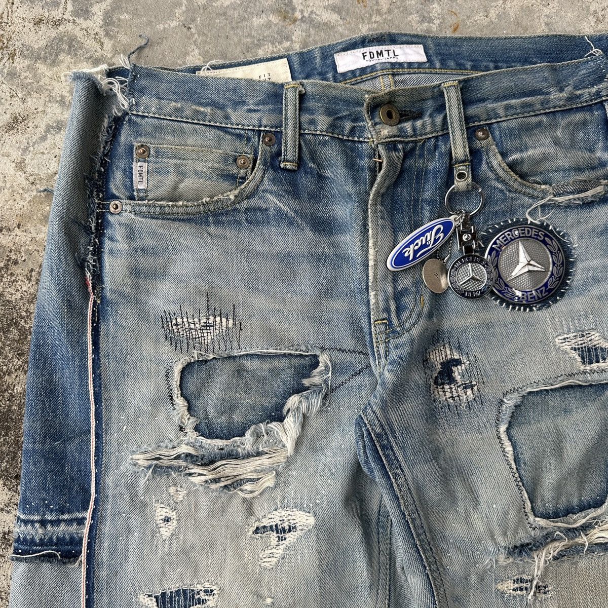 FDMTL Mercedes Benz Selvedge Crash Boro Denim Shorts jort capris Size US 36 / EU 52 - 5 Thumbnail