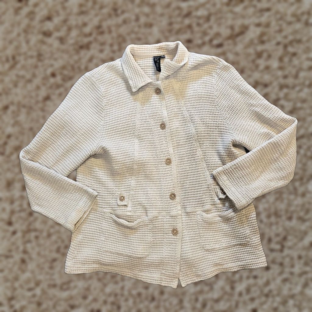 Vintage Focus Top Womens Blouse Medium Beige Button Waffle Knit Texture Pockets Casual Shirt Womens Size M / US 6-8 / IT 42-44 - 1 Thumbnail