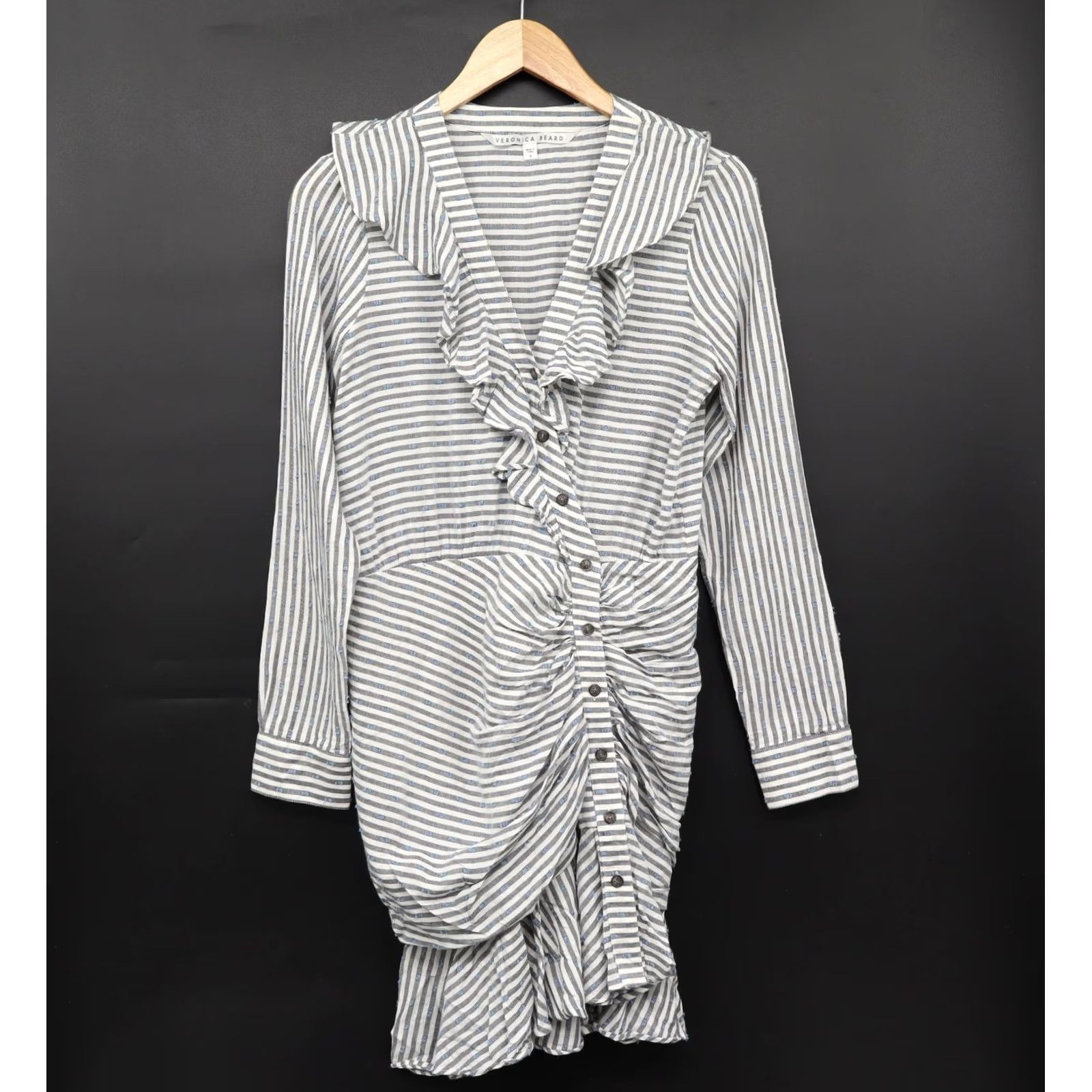 Veronica Beard VERONICA BEARD Dress Kai Ruffle Striped Blue Swiss Dot Long Sleeve Sz 6 Blue Womens Mini Dress Size M / US 6-8 / IT 42-44 - 2 Thumbnail
