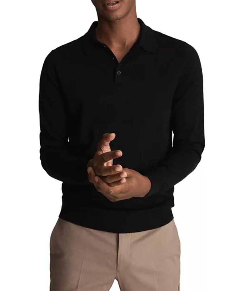 Reiss Trafford Merino Wool Polo Sweater Buttons Jumper Black