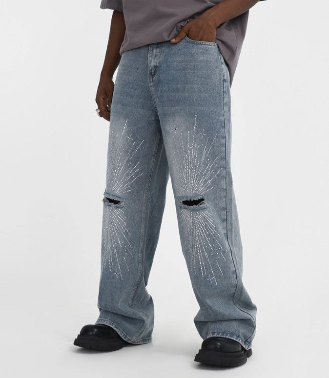 Vintage Men's punk trend loose wide-leg straight ripped knee jeans Size US 32 / EU 48 - 2 Thumbnail