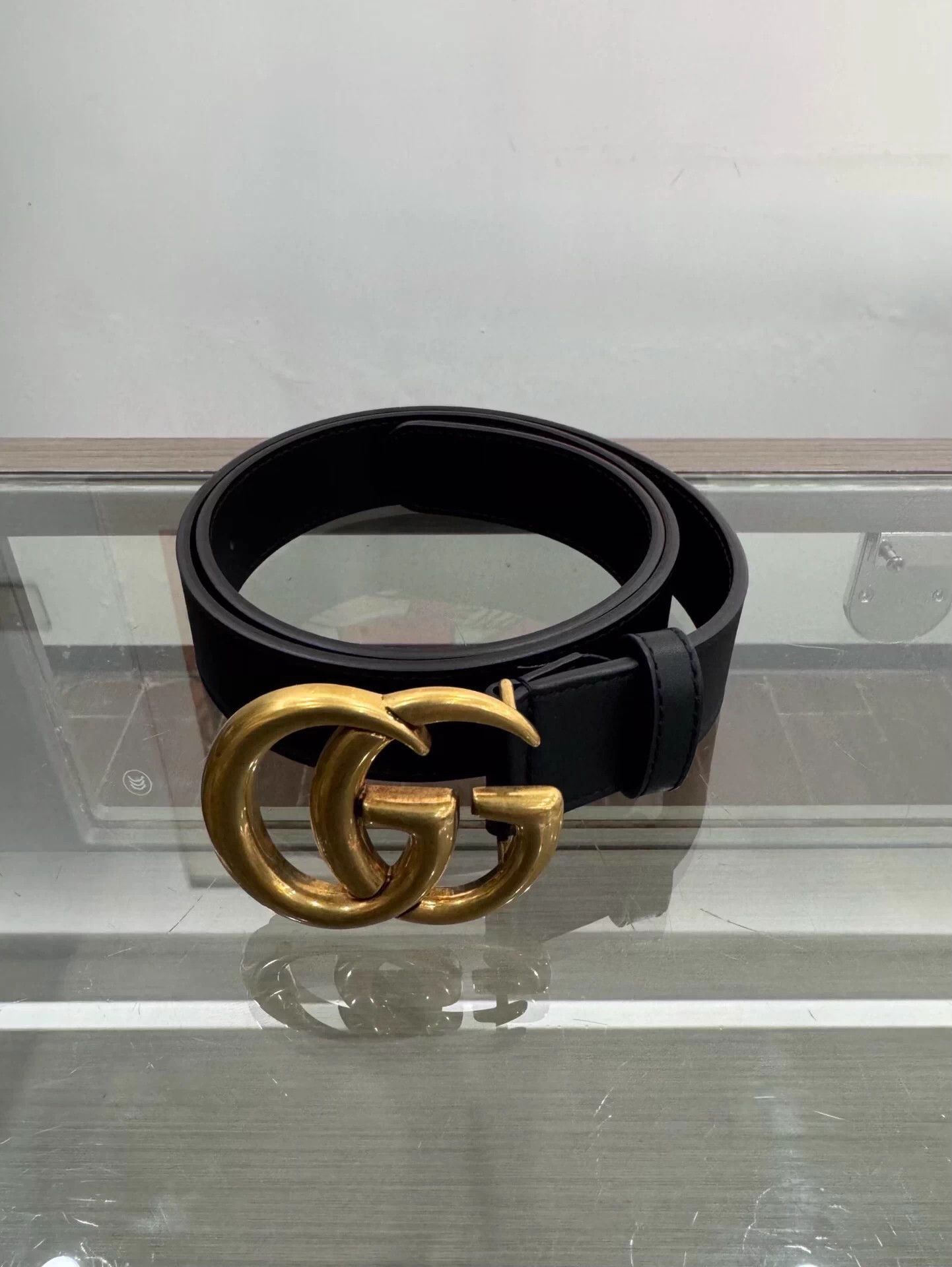 Black Leather Belt with Gold Interlocking Buckle