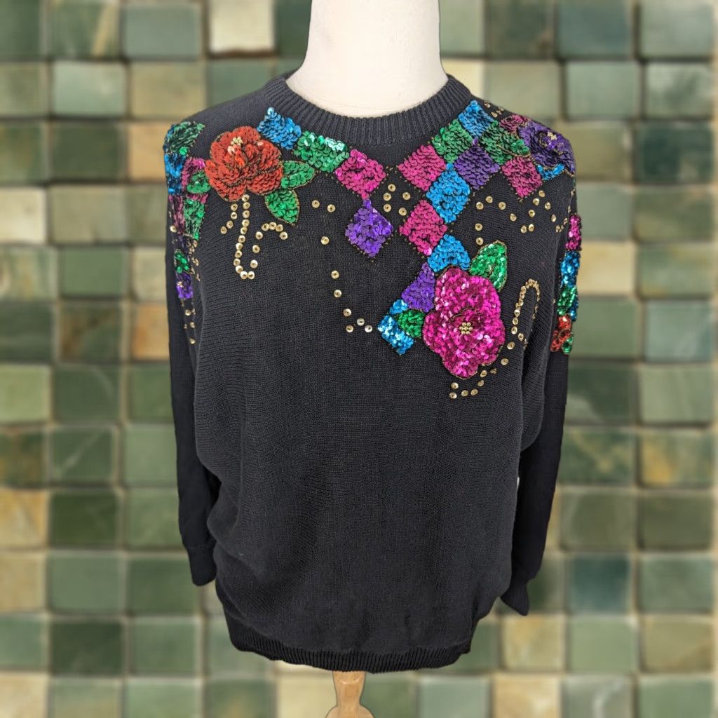 Noah VINTAGE NOAH Floral Sequin Black Oversized Relaxed Fit Sweater Womens XL Large S12 Cardigan 80s Theme Size L / US 10 / IT 46 - 1 Thumbnail