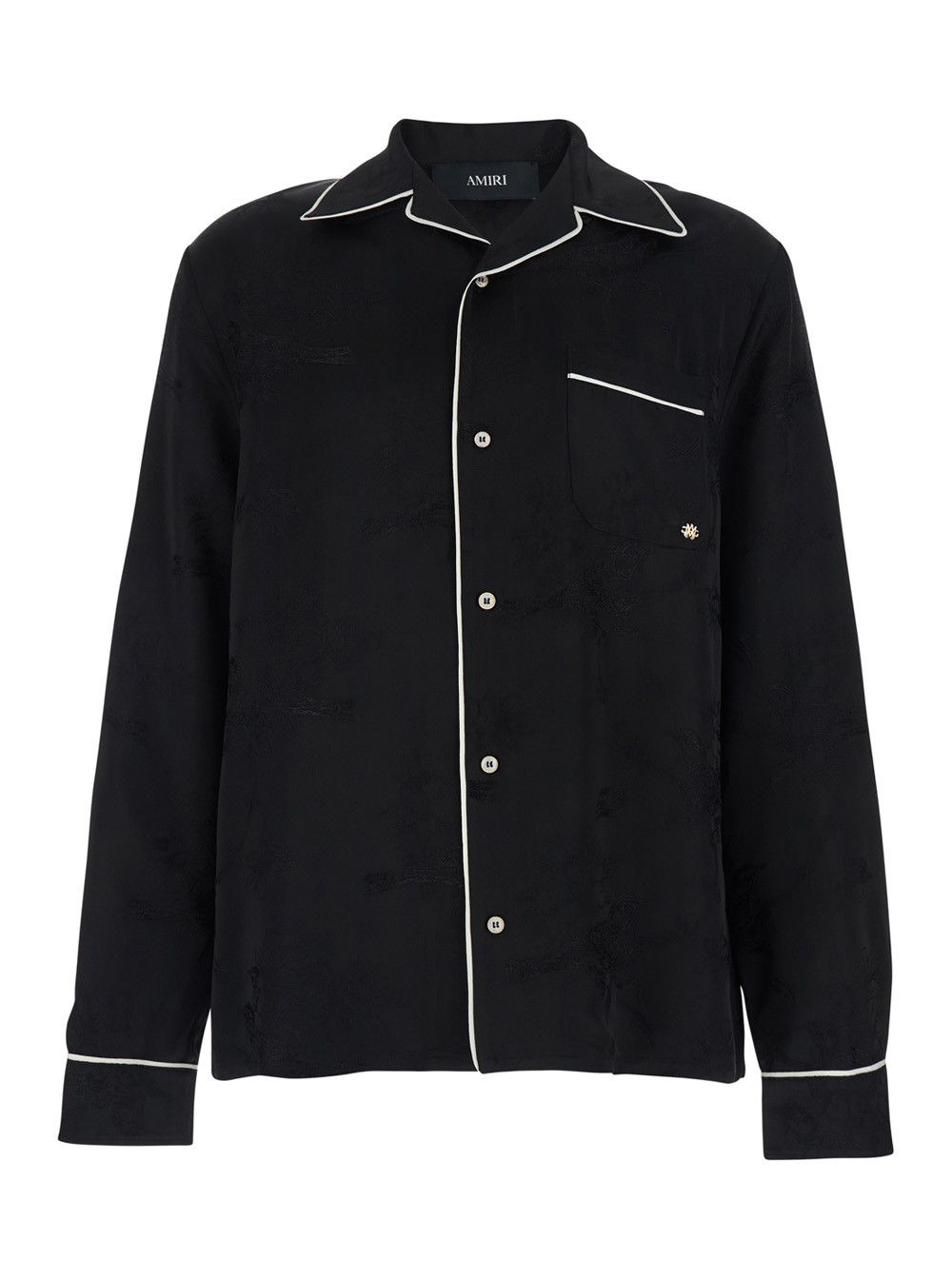 Amiri Black Long-Sleeved Shirt with Cuban Collar and Tone-on-Tone Floral Embroidery in Viscose for Men Size US XL / EU 56 / 4 - 1 Thumbnail
