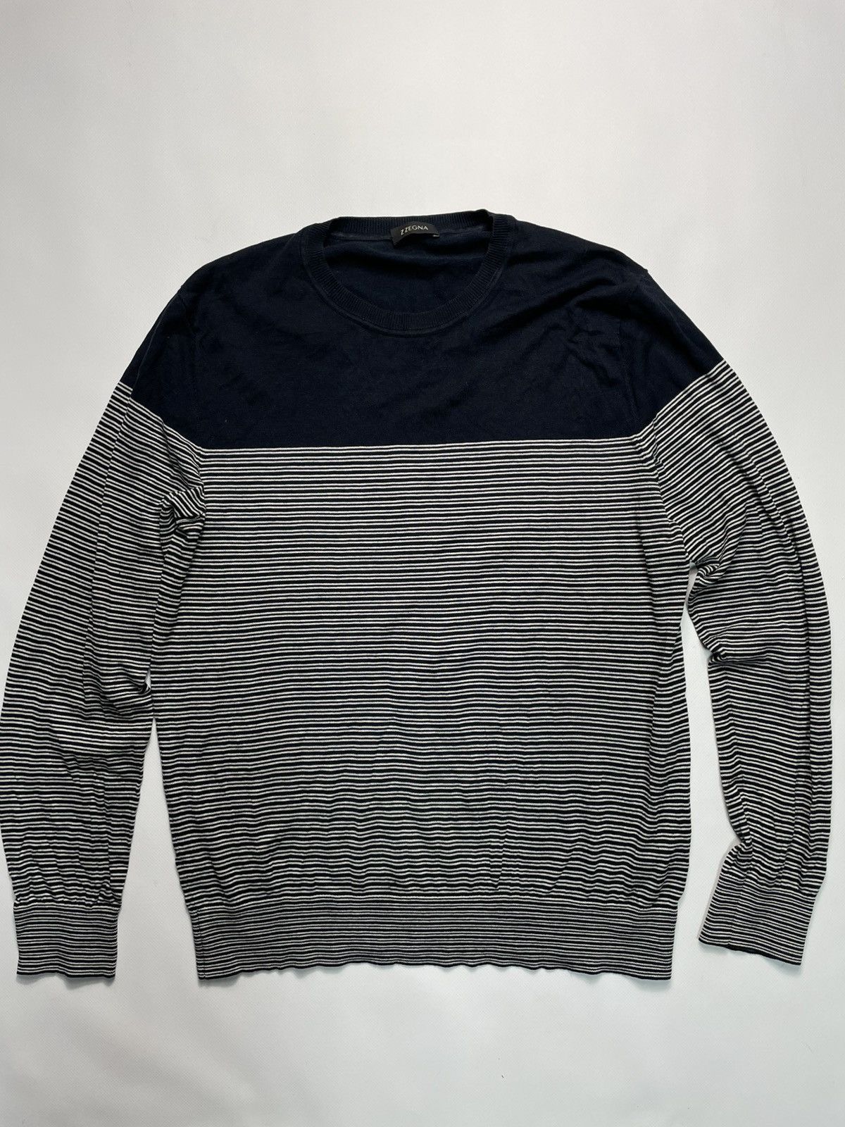 Z Zegna Z Zegna Navy Striped Wool & Silk Crewneck Sweater Size M Size US M / EU 48-50 / 2 - 1 Thumbnail