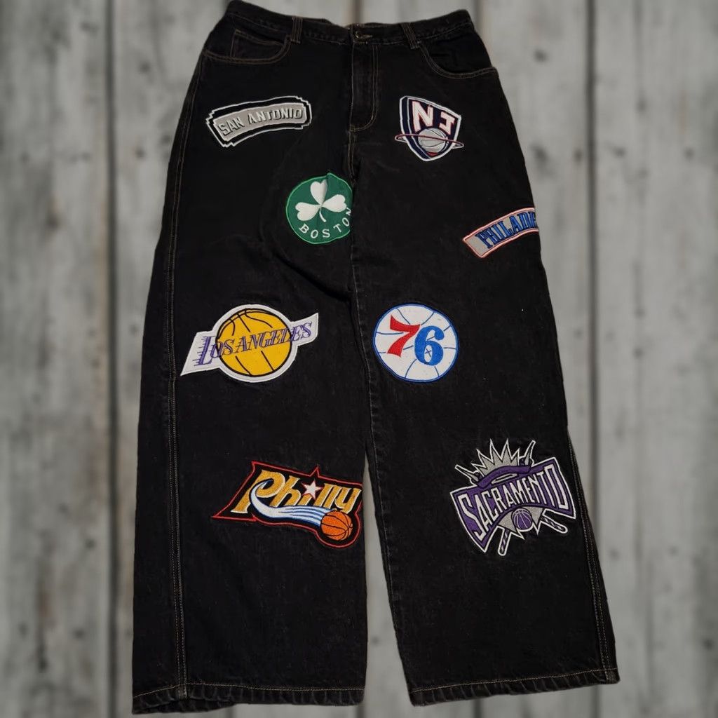 NBA VINTAGE UNK Jeans Regular 36 Mens Denim 5-Pocket Logo Embroidered Baggy Black Cotton Relaxed Straight 90s Y2K Distressed Not Size US 36 / EU 52 - 1 Thumbnail