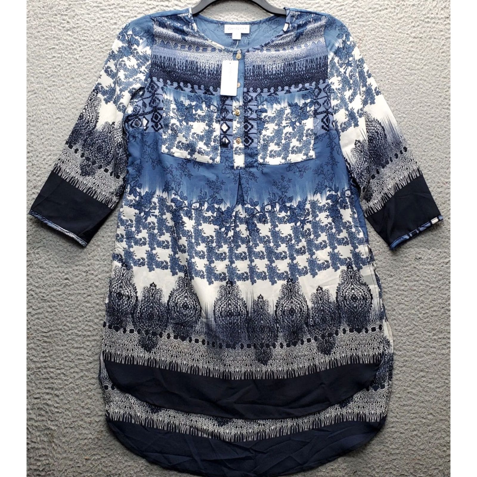 Vintage Westport Tunic Blouse Womens M Multi Pattern 3/4 Sleeve Round Neck Button Front Size M / US 6-8 / IT 42-44 - 2 Thumbnail