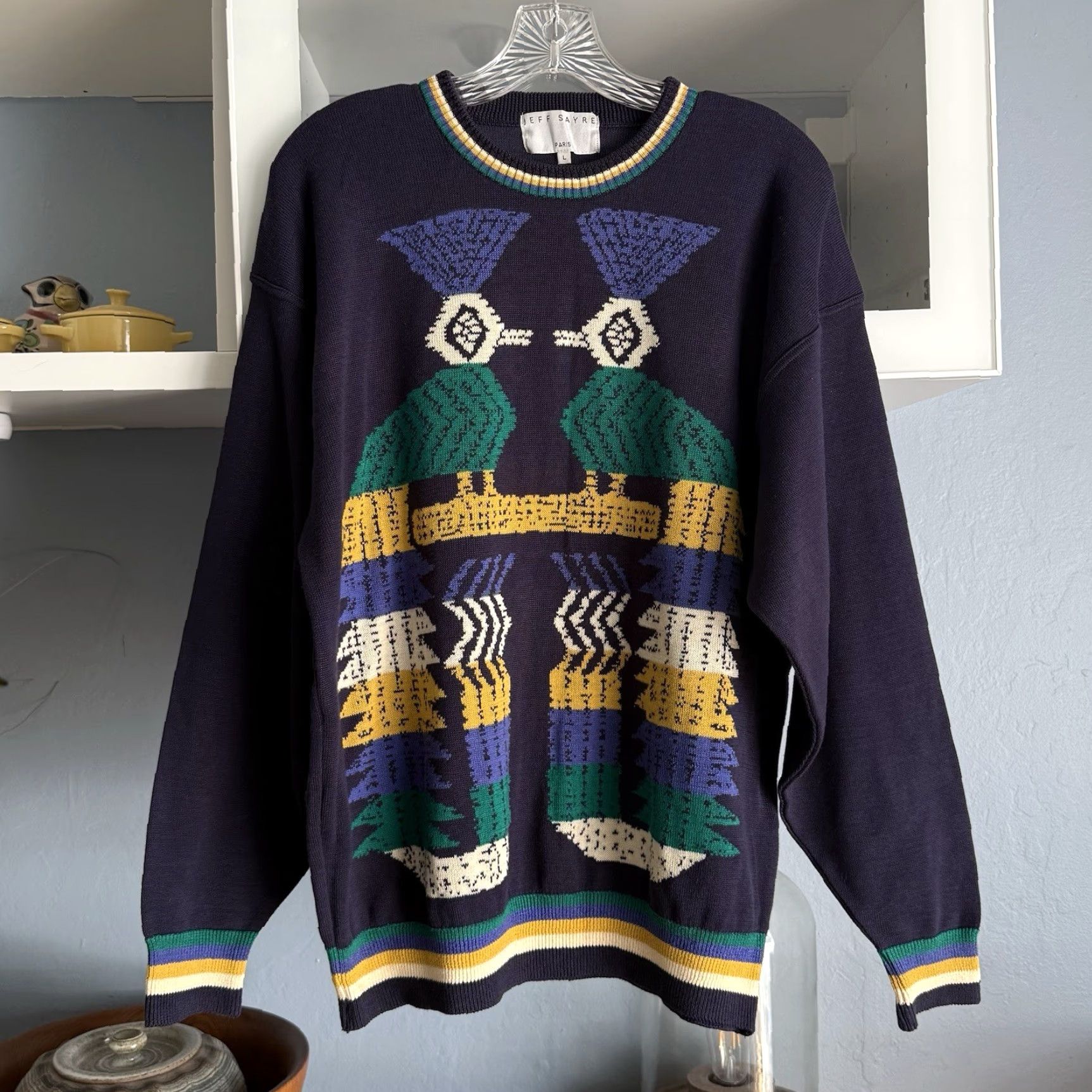 Vintage VINTAGE Jeff Sayre Paris Cotton Sweater Geo Bird Pattern Blue Multi Sz L Size US L / EU 52-54 / 3 - 6 Thumbnail