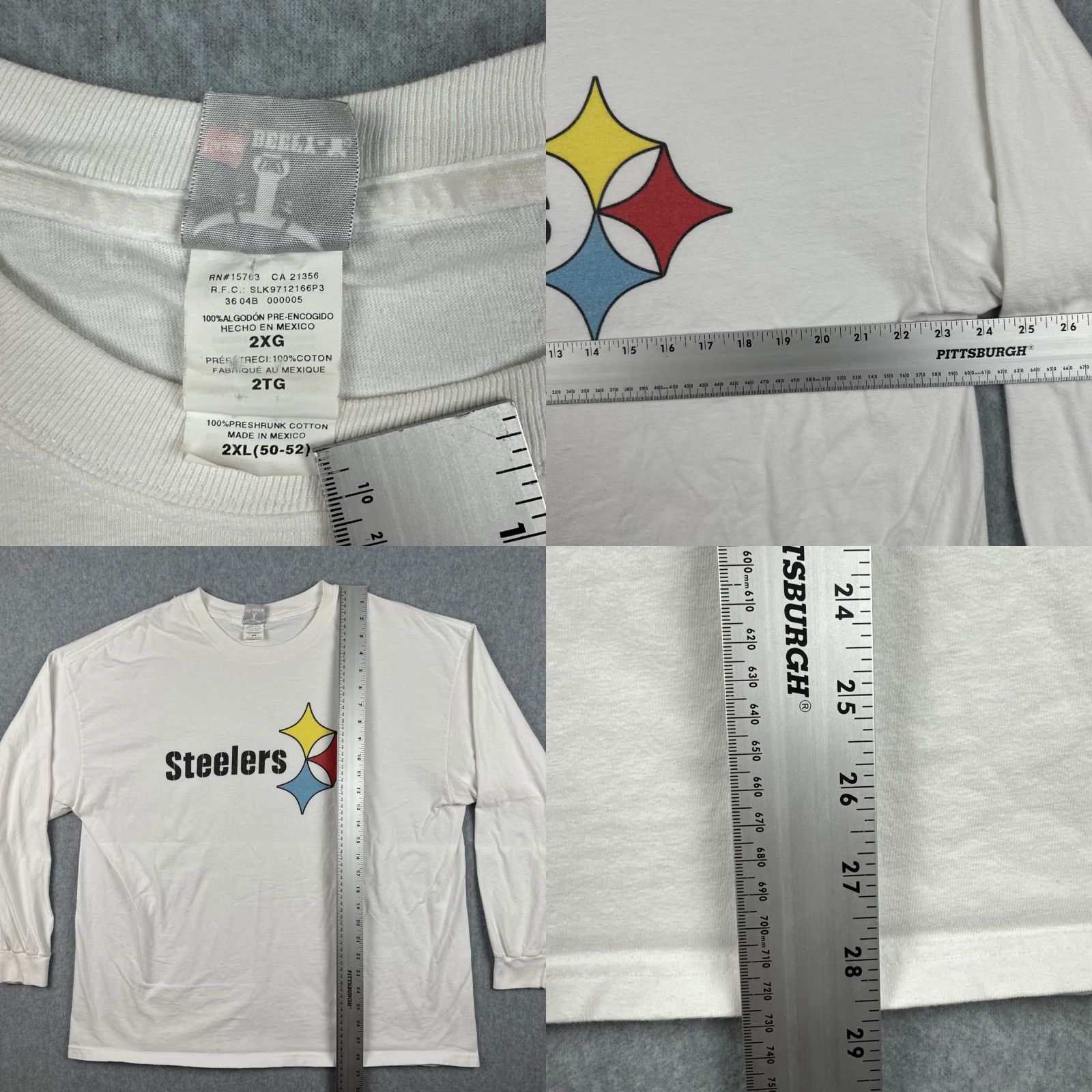 Hanes VINTAGE Hanes Beefy-T T-Shirt XXL White Long Sleeve NFL Pittsburgh Steelers Men 2XL Crew Neck Graphic Print Sports Shirts Size US XXL / EU 58 / 5 - 8 Thumbnail