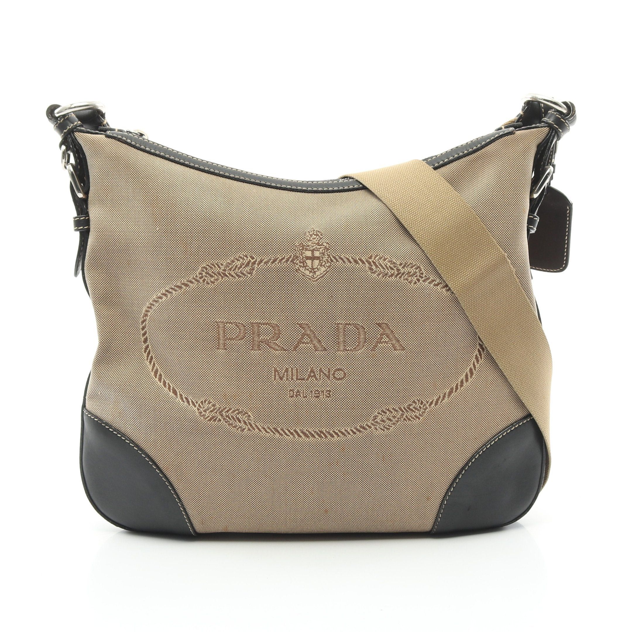 Prada Prada Logo Jacquard Shoulder Bag Canvas Beige Black Size ONE SIZE - 1 Thumbnail