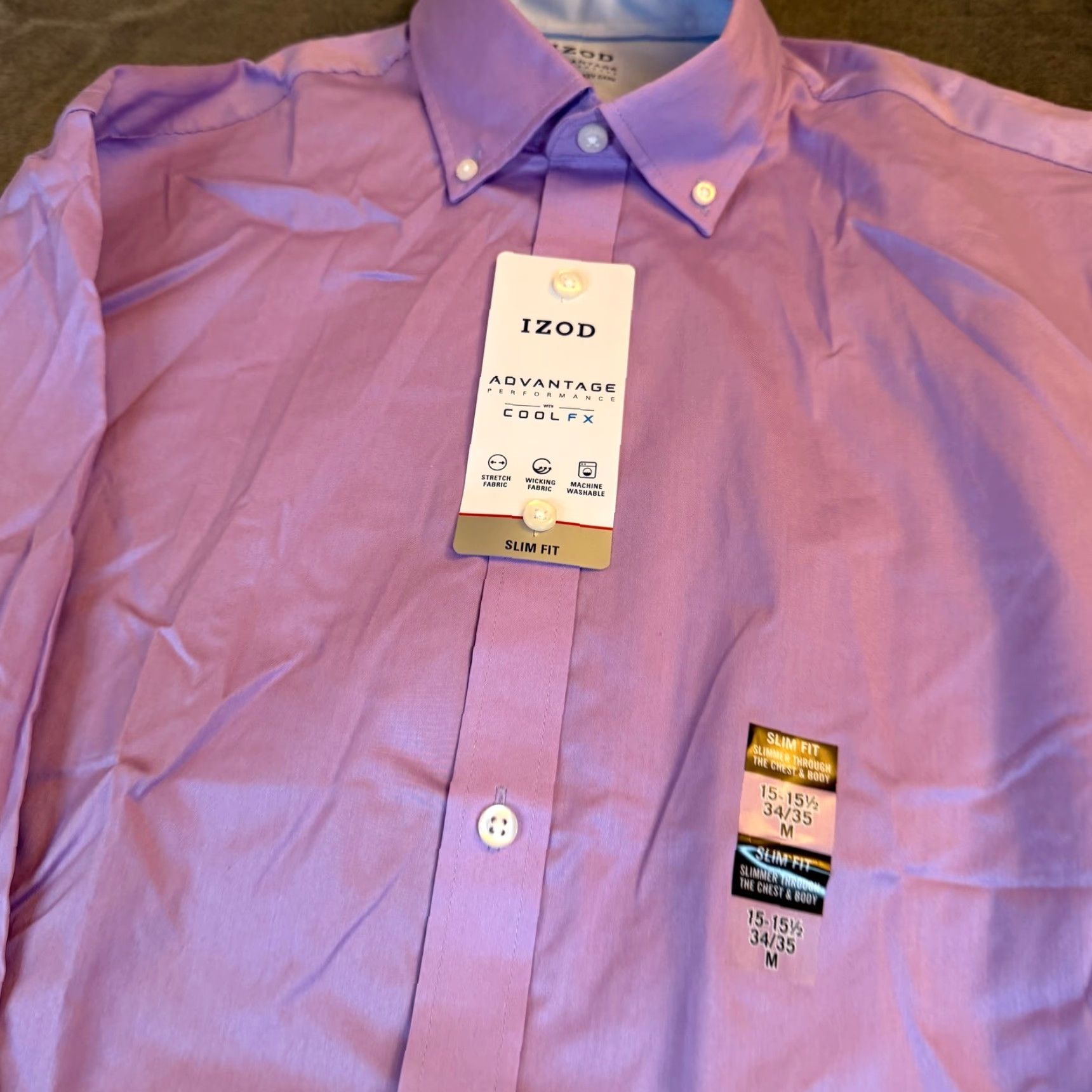 Izod VINTAGE IZOD dress shirt? (No, not vintage) IZOD Slim Fit Button-Down Dress Shirt Purple Advantage Cool FX Mens Medium NWT Size 40R - 4 Thumbnail