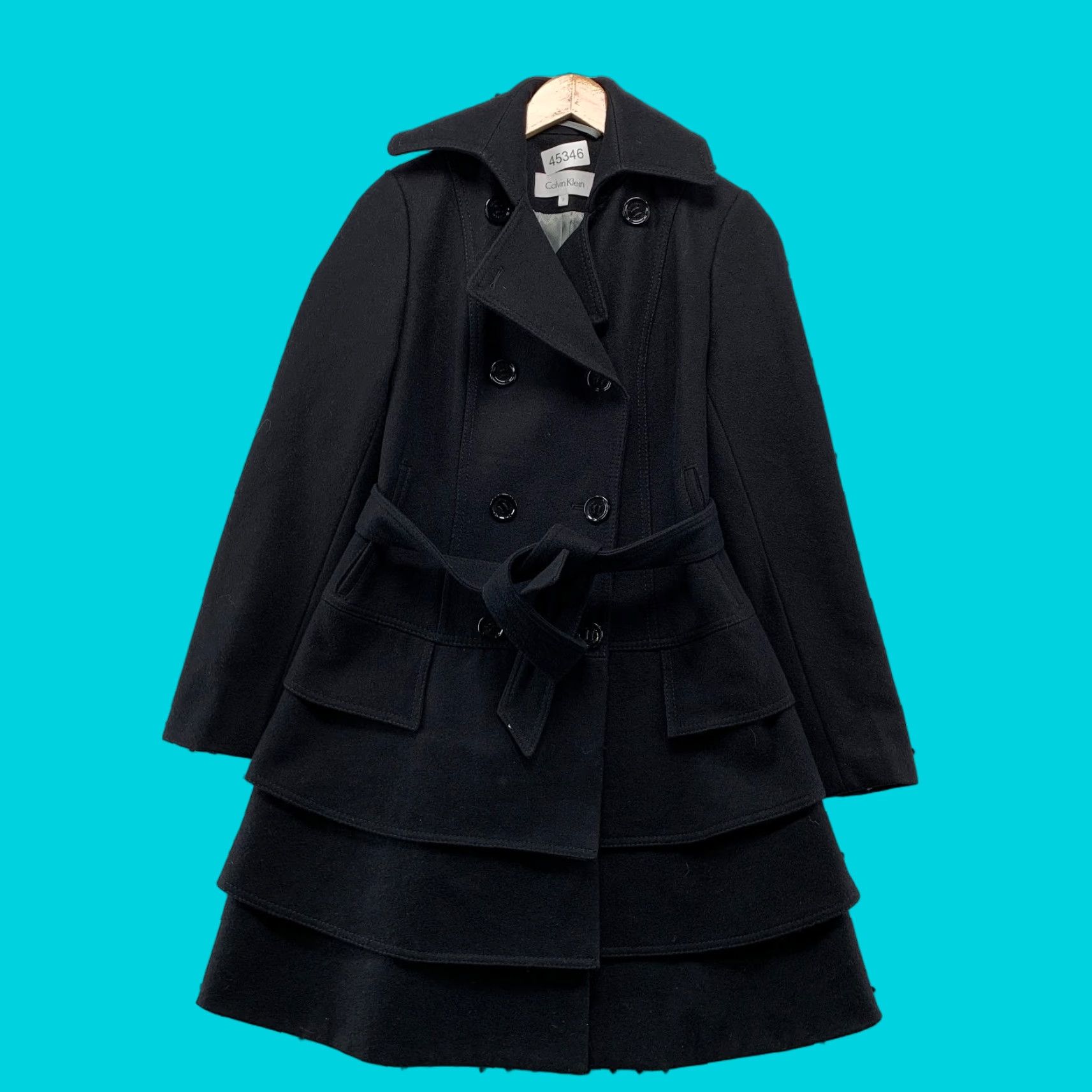 Calvin Klein Calvin Klein Wool Coat Women Black 2 Tiered Belted Double Breasted Ruffle Skirt Size 26" / US 2 / IT 38 - 1 Thumbnail