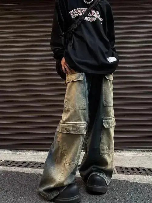 Jean Yellow mud-dyed gradient velcro large pocket cargo jeans Size US 32 / EU 48 - 3 Thumbnail