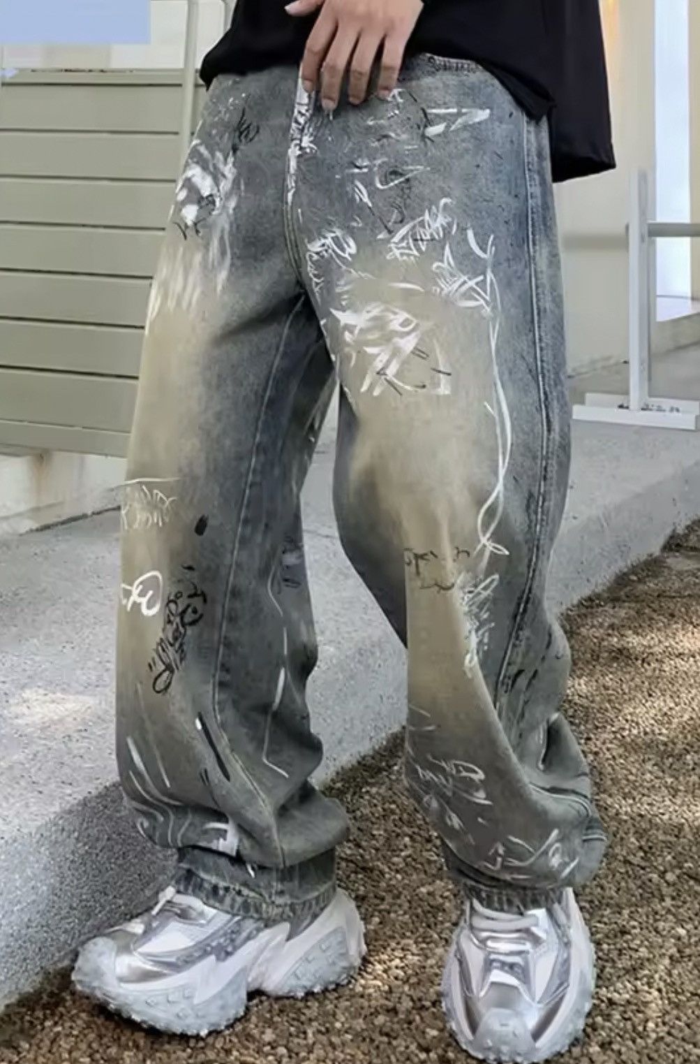 Jean Graffiti-Print Wide-Leg Denim Pants | Oversized Streetwear Size US 27 - 7 Thumbnail
