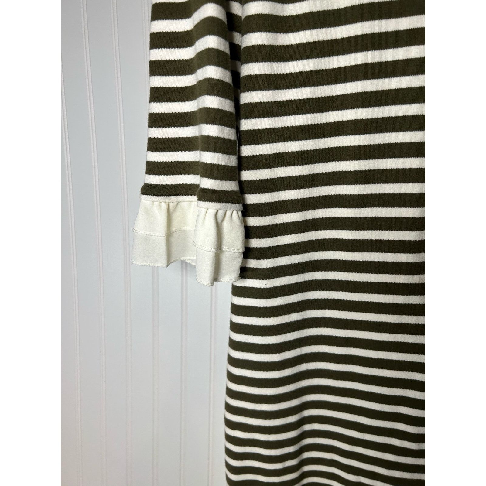 Robert Talbott Talbots Olive Green & Ivory Striped Dress W/Ruffled Size L Size L / US 10 / IT 46 - 5 Thumbnail