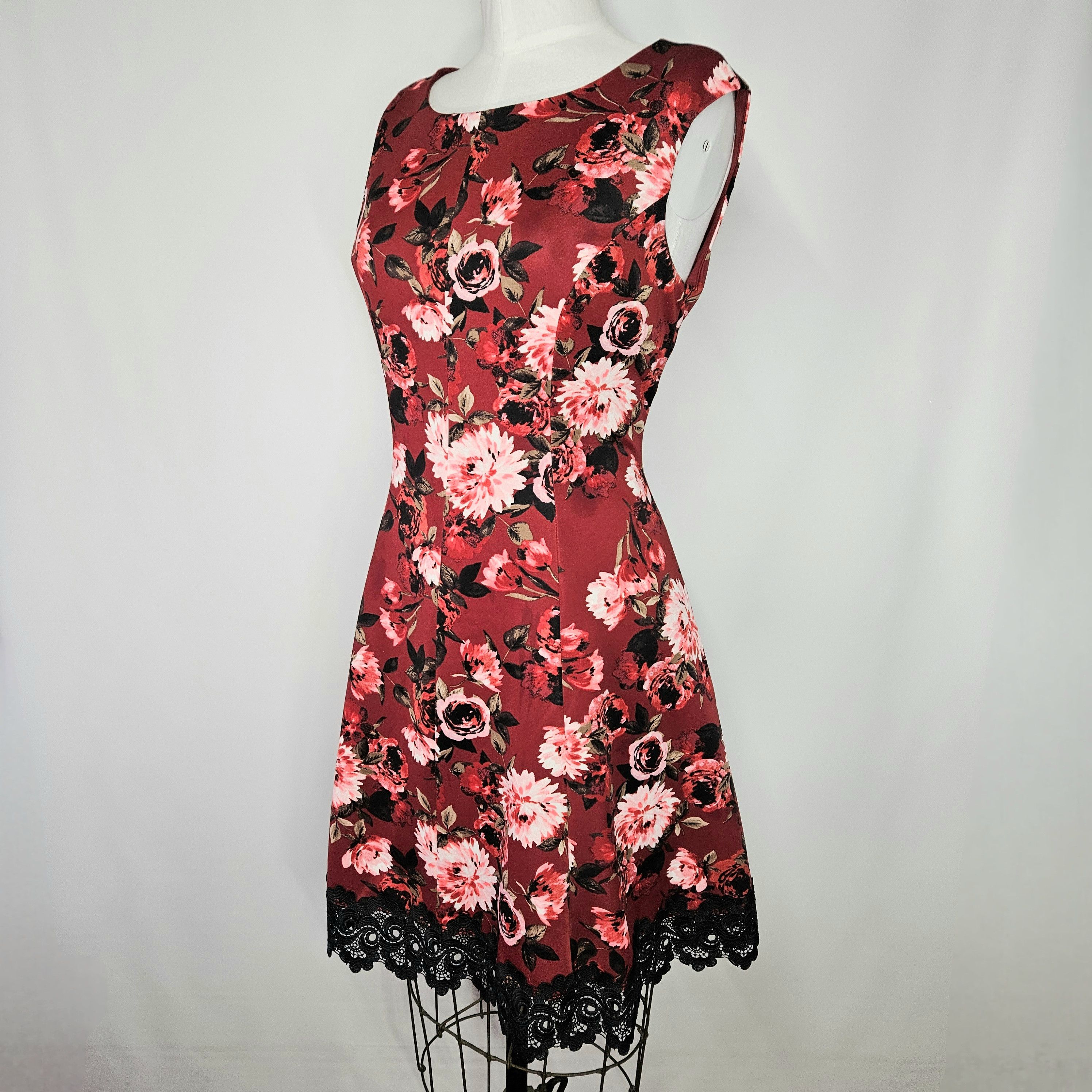 Other Roz & Ali Size 12 Dress Fit Flare Burgundy Floral Black Size L / US 10 / IT 46 - 3 Thumbnail