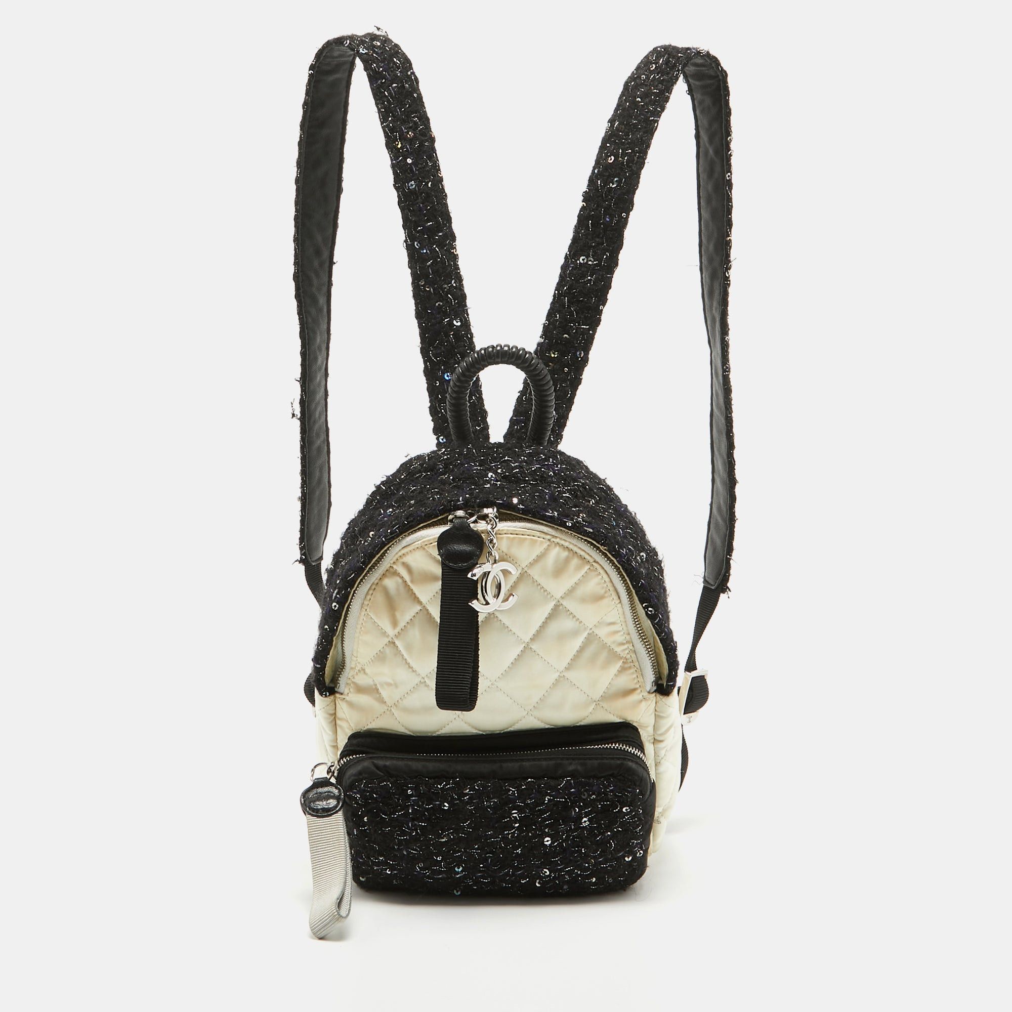 image of Chanel Black/off White Quilted Satin And Tweed Sequins Mini Backpack, Women's
