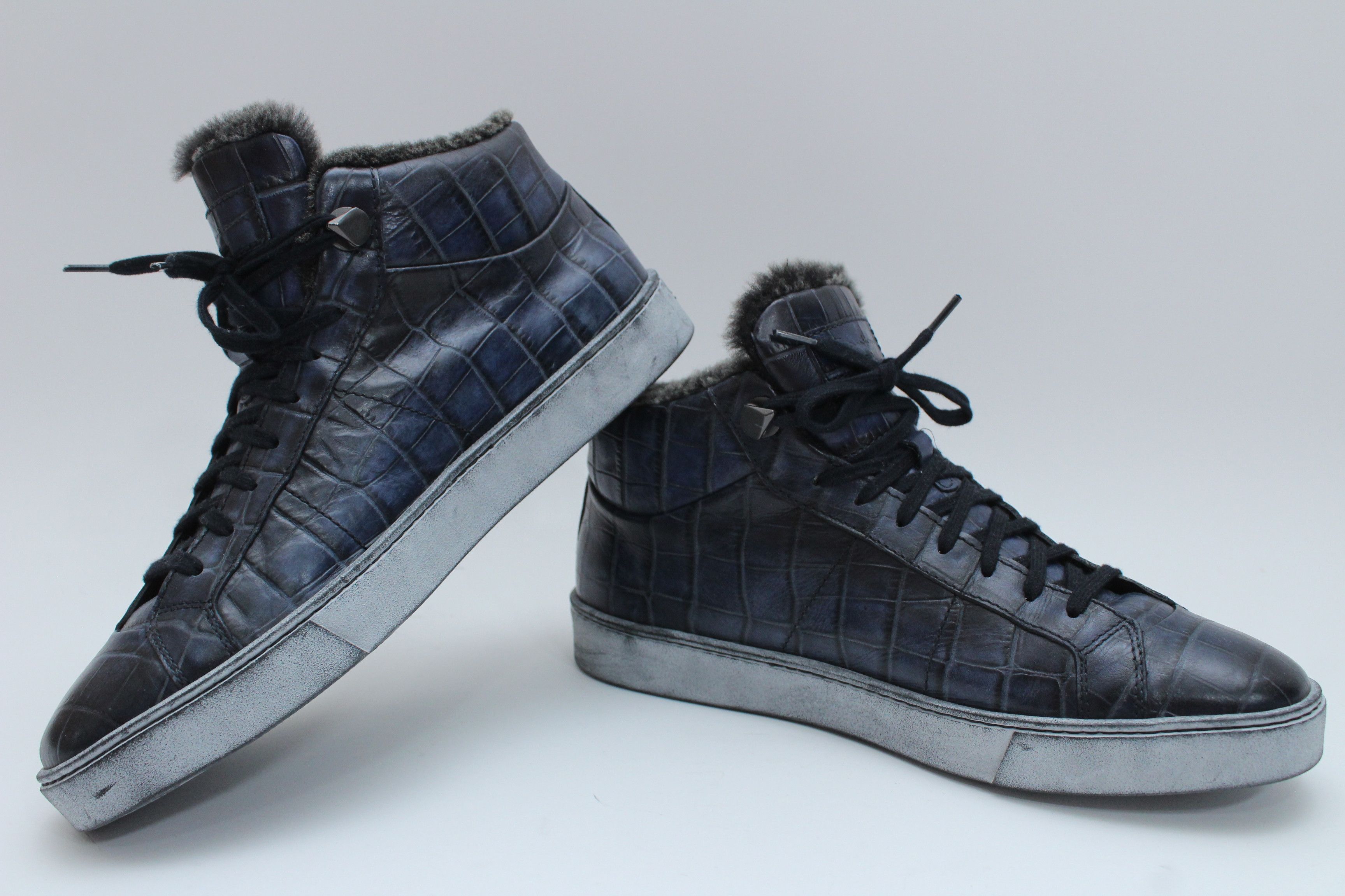 Santoni Santoni Navy Crocodile Embossed Leather Fur Lined Sneakers Size US 8 / EU 41 - 7 Thumbnail