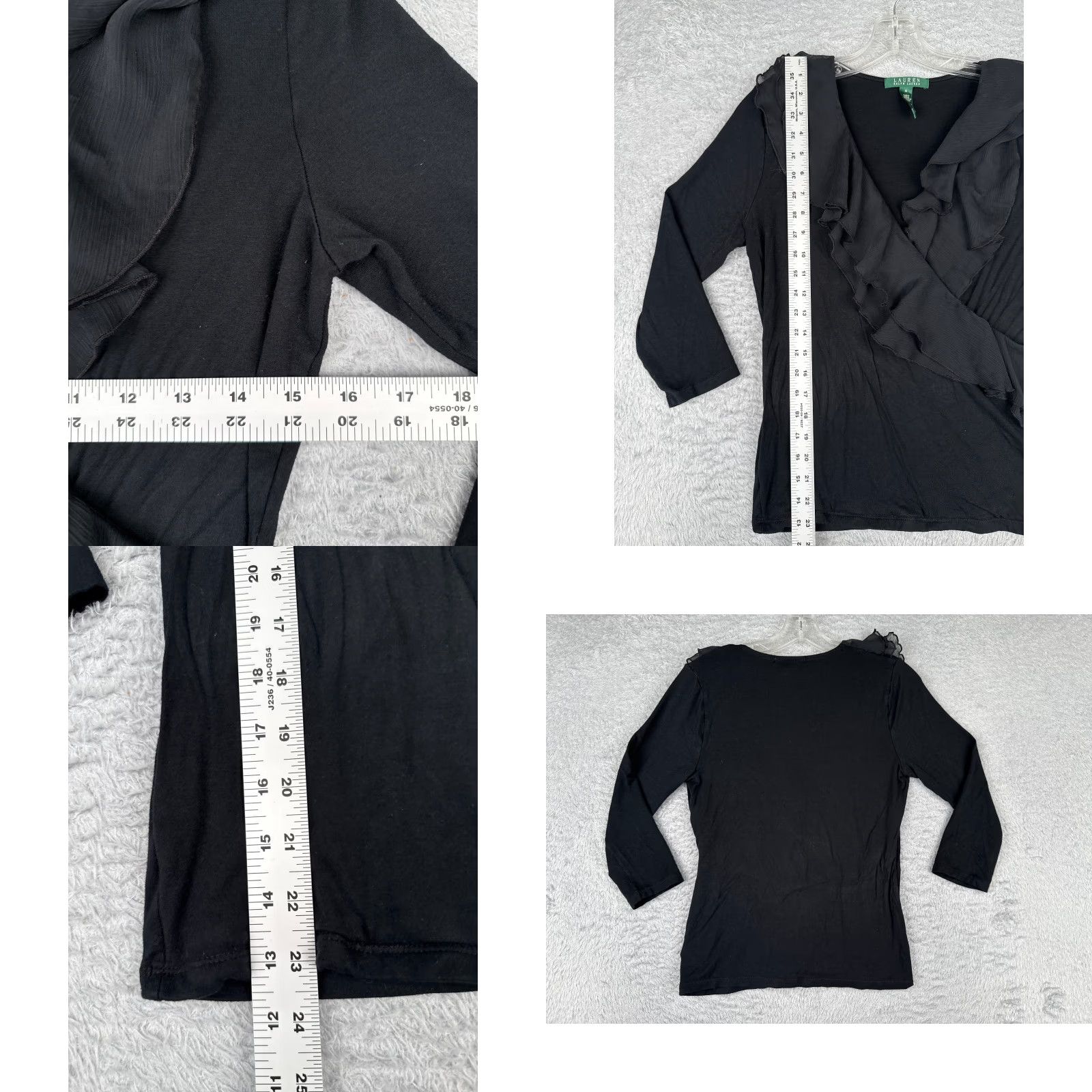 Ralph Lauren VINTAGE Ralph Lauren Women's Blouse Shirt Casual 3/4 Sleeve V-Neck Black Medium Jersey Ruffle All Seasons Size M / US 6-8 / IT 42-44 - 8 Thumbnail