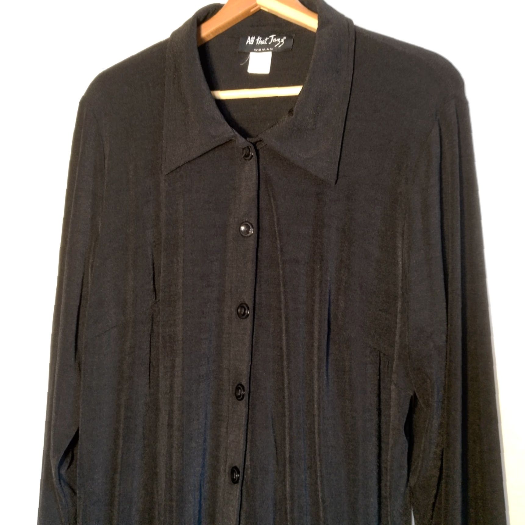 Vintage VINTAGE All That Jazz Blouse Shirt 16 Women Black Nylon Spandex Button Up Collared Lagenlook Gothic Witchy Size XXL / US 16-18 / IT 52-54 - 3 Thumbnail