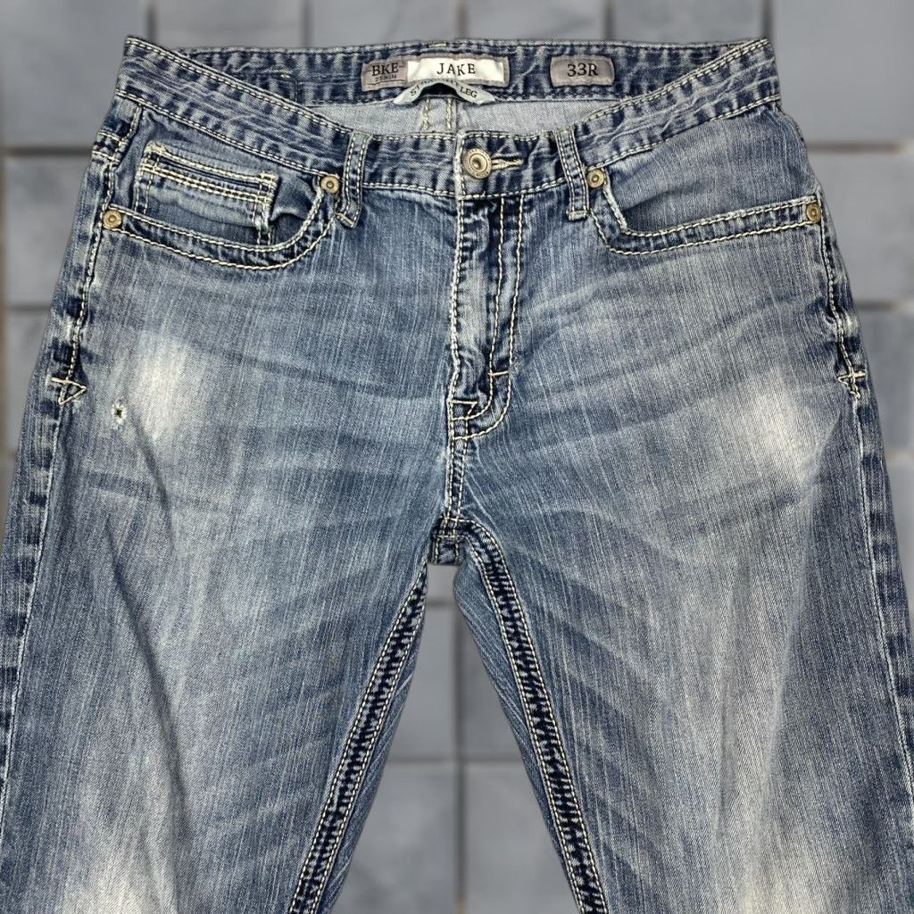 Vintage Buckle BKE Jake Jeans Mens 33R Blue Straight Distressed Denim Size US 33 - 1 Thumbnail