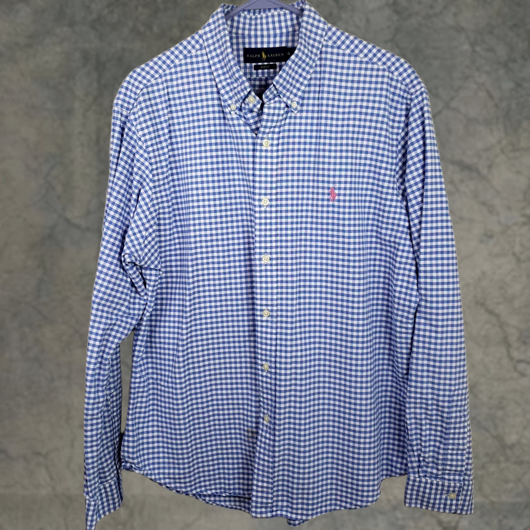 Ralph Lauren Ralph Lauren Mens XL Blue White Check Long Sleeve Slim Stretch Oxford Shirt Size US XL / EU 56 / 4 - 1 Thumbnail