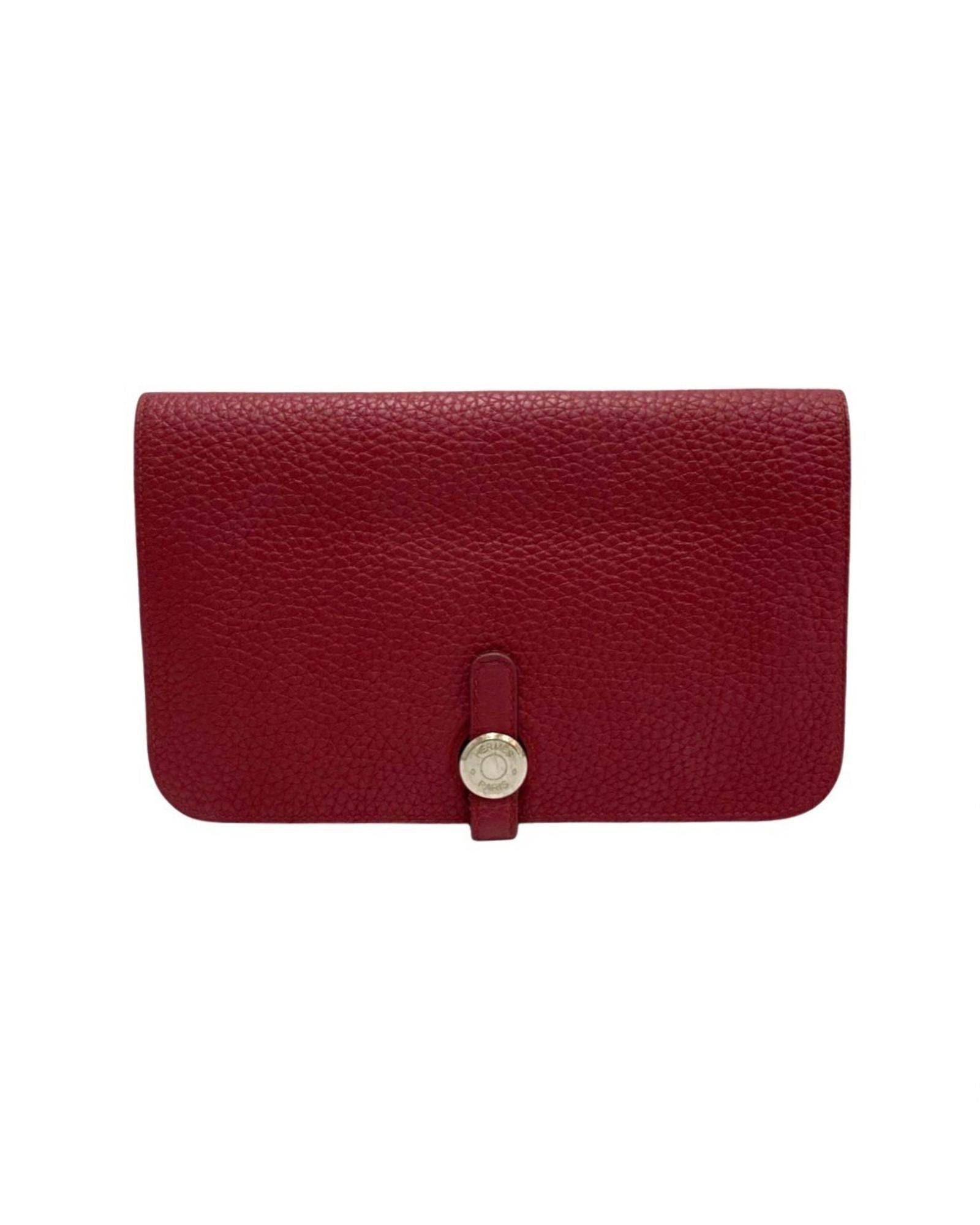 image of Hermes Elegant Leather Flap Wallet With Multiple Compartments in Burgundy, Women's