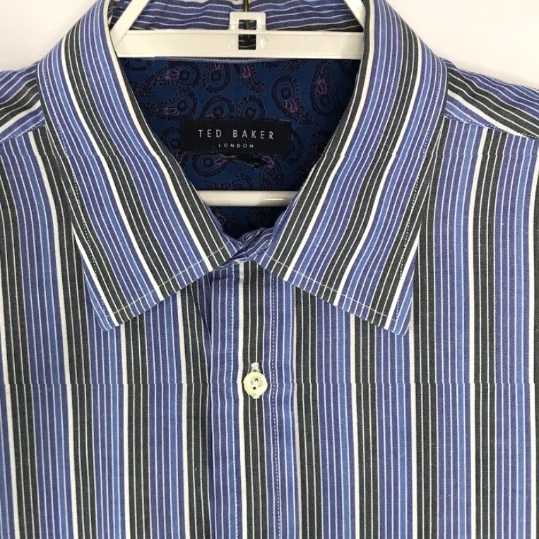 Ted Baker Ted Baker London Mens Dress Shirt Striped Long Sleeve Size 17 Blue Multicolor 34/35 - 34/35 Stripe Blue Multicolor Shirt Mens Regular XS-xxl Size 46R - 2 Thumbnail