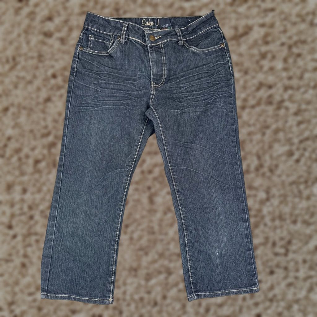 Denime Suko Jeans Women 10 Blue Denim Jean Crop Mid Rise Embellished Distressed Zipper 30x21 Bootscut Cotton Size 32" / US 10 / IT 46 - 1 Thumbnail