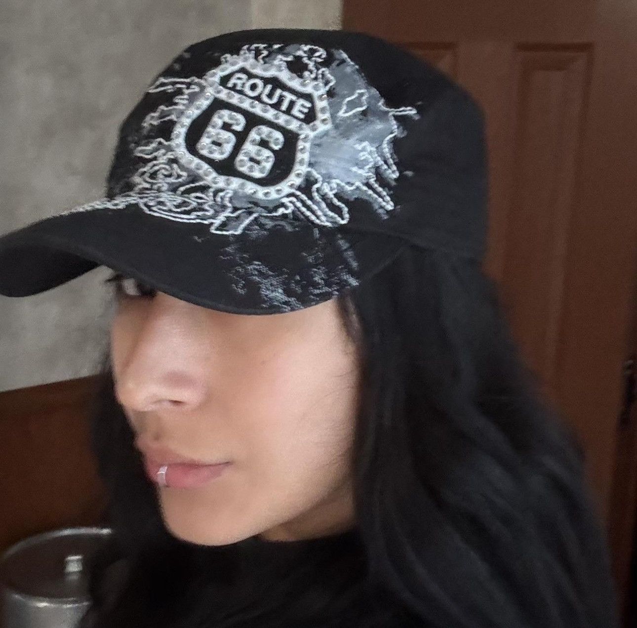 Designer × Vintage Route 66 Black Vintage Y2K Trucker Gothic Hat Rhinestones Size ONE SIZE - 2 Thumbnail