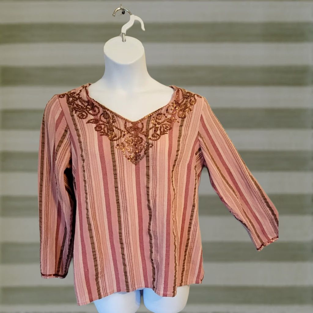 Vintage VINTAGE Venezia Blouse Shirt Plus 1X Womens Pink Rose Stripe Emb Sequined Boho Hippie Top Size XXL / US 16-18 / IT 52-54 - 1 Thumbnail