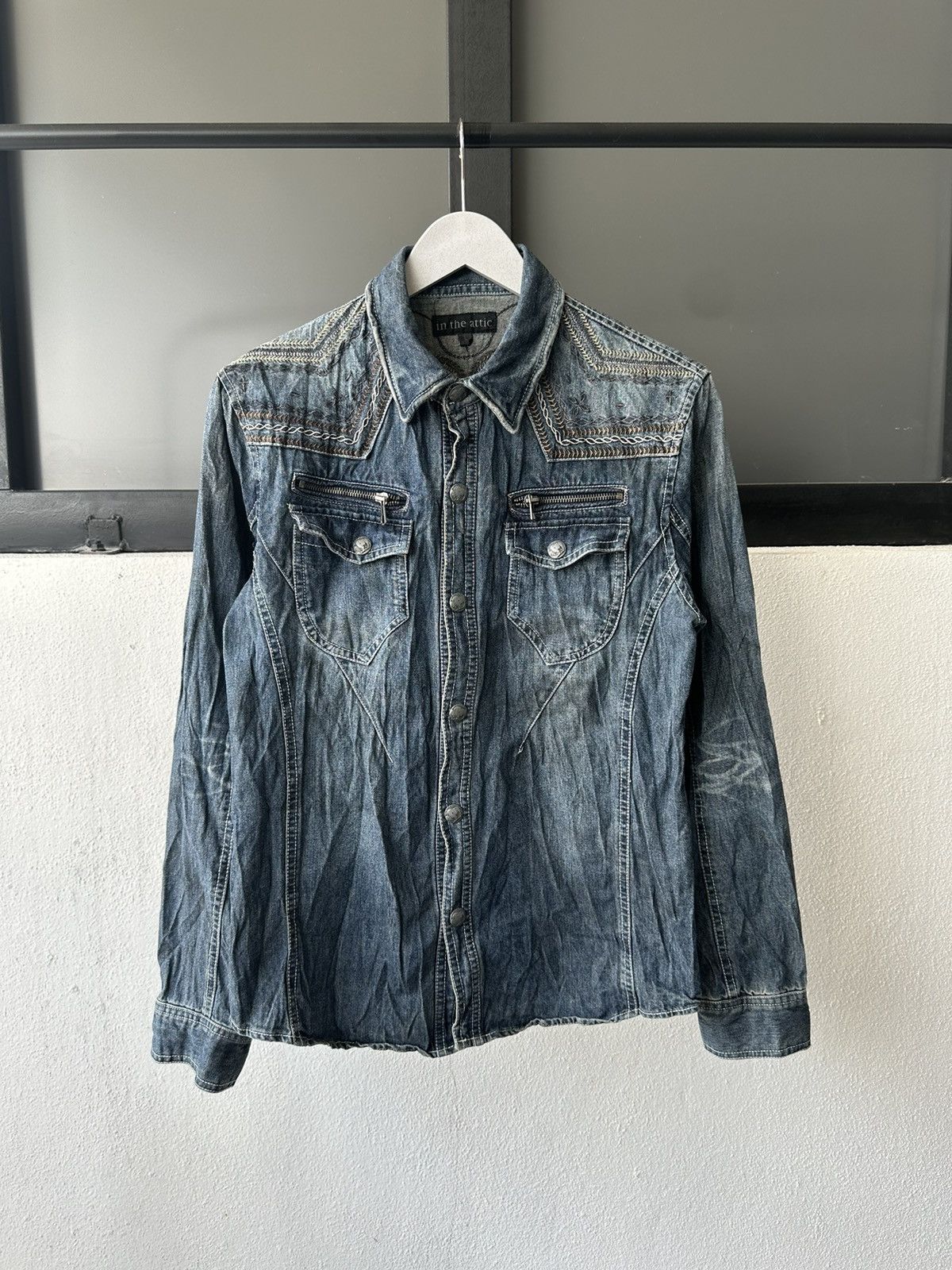 image of 2000S In The Attic Goth Denim Shirt in Dirty Blue Denim, Men's (Size Medium)