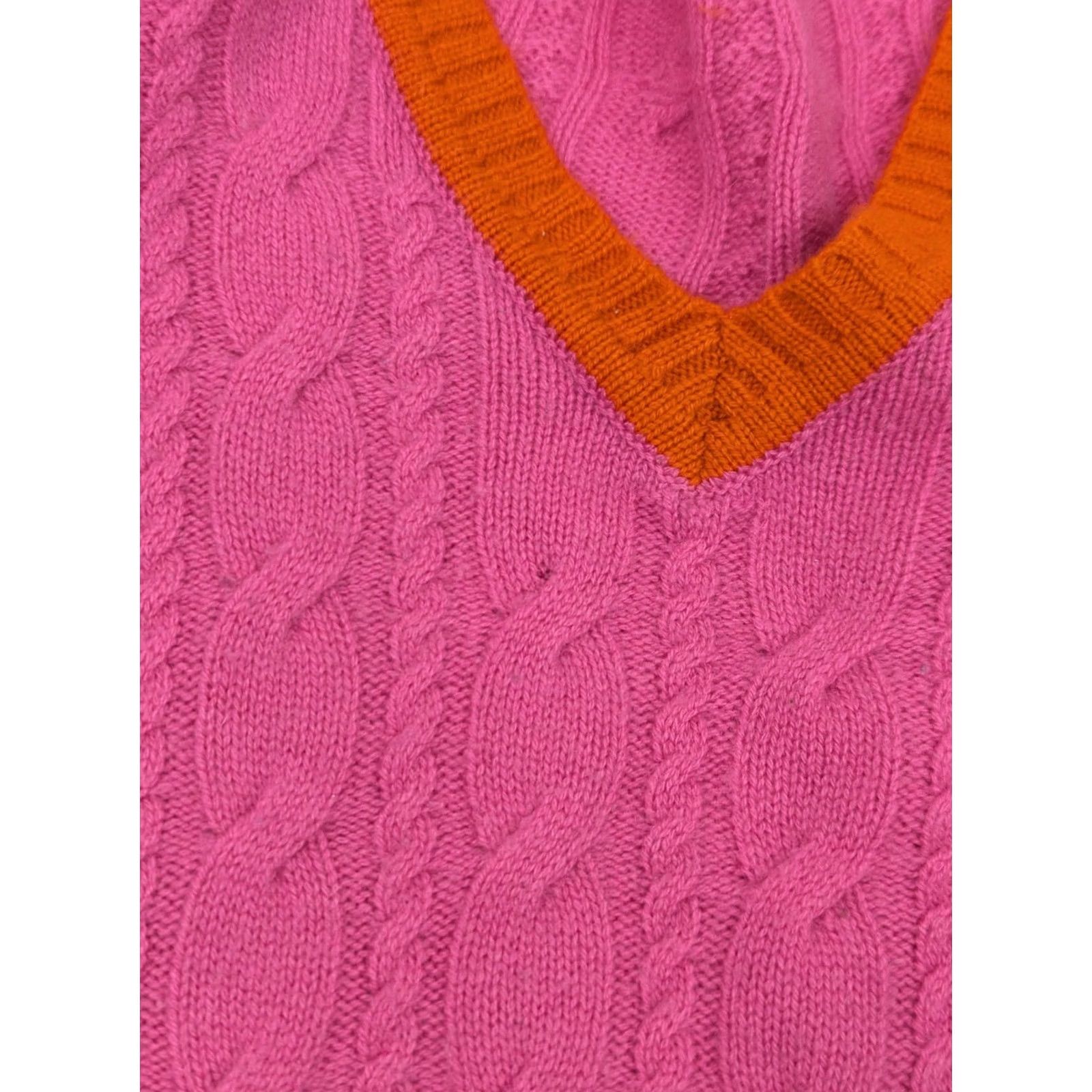 Neiman Marcus Neiman Marcus Cashmere Collection Cable Knit Ribbed Rope V-Neck Sweater Women L Pink Size L / US 10 / IT 46 - 6 Thumbnail