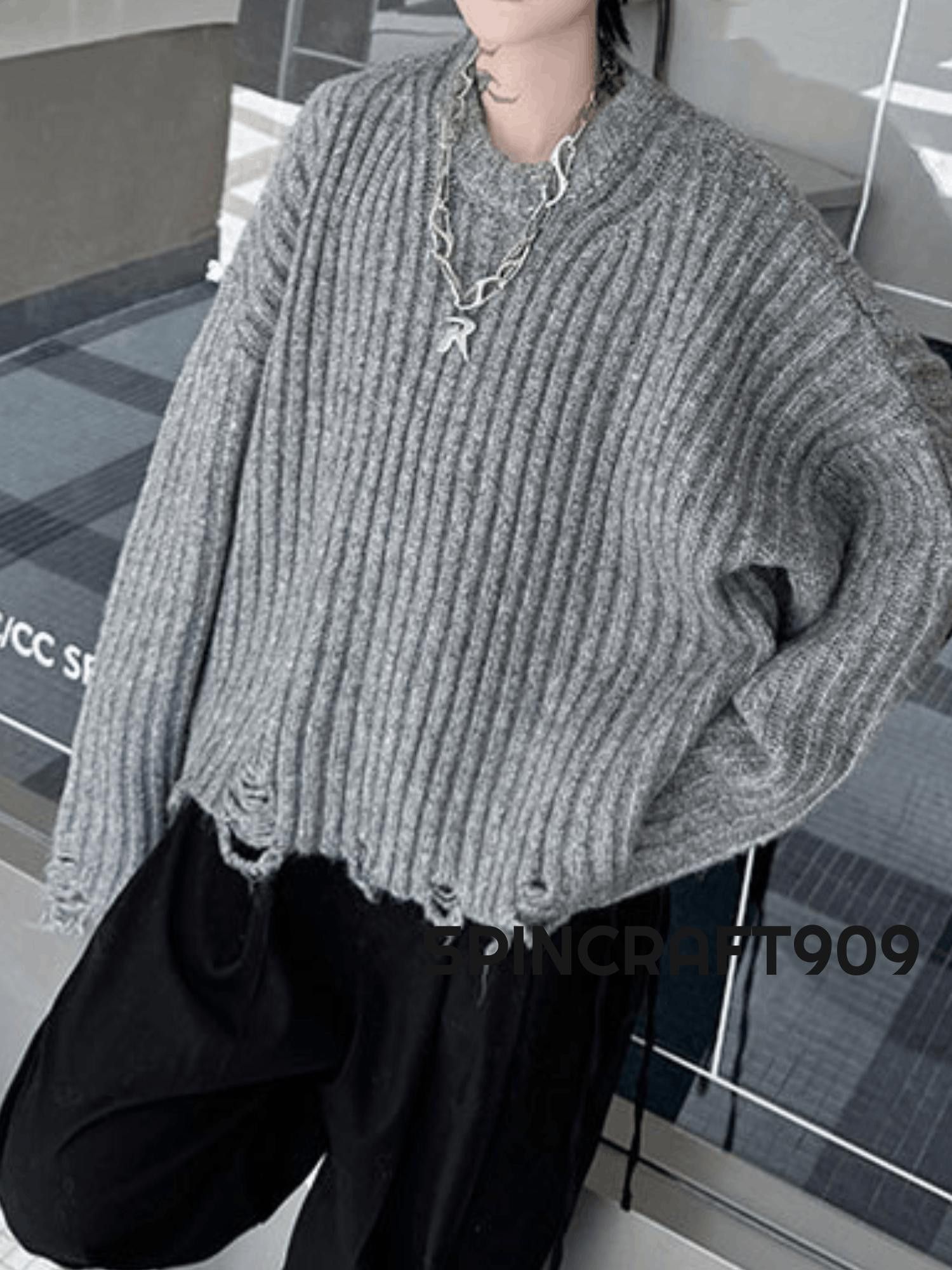 Vintage Distressed Stripe Gray Knit Sweater Size US L / EU 52-54 / 3 - 6 Thumbnail