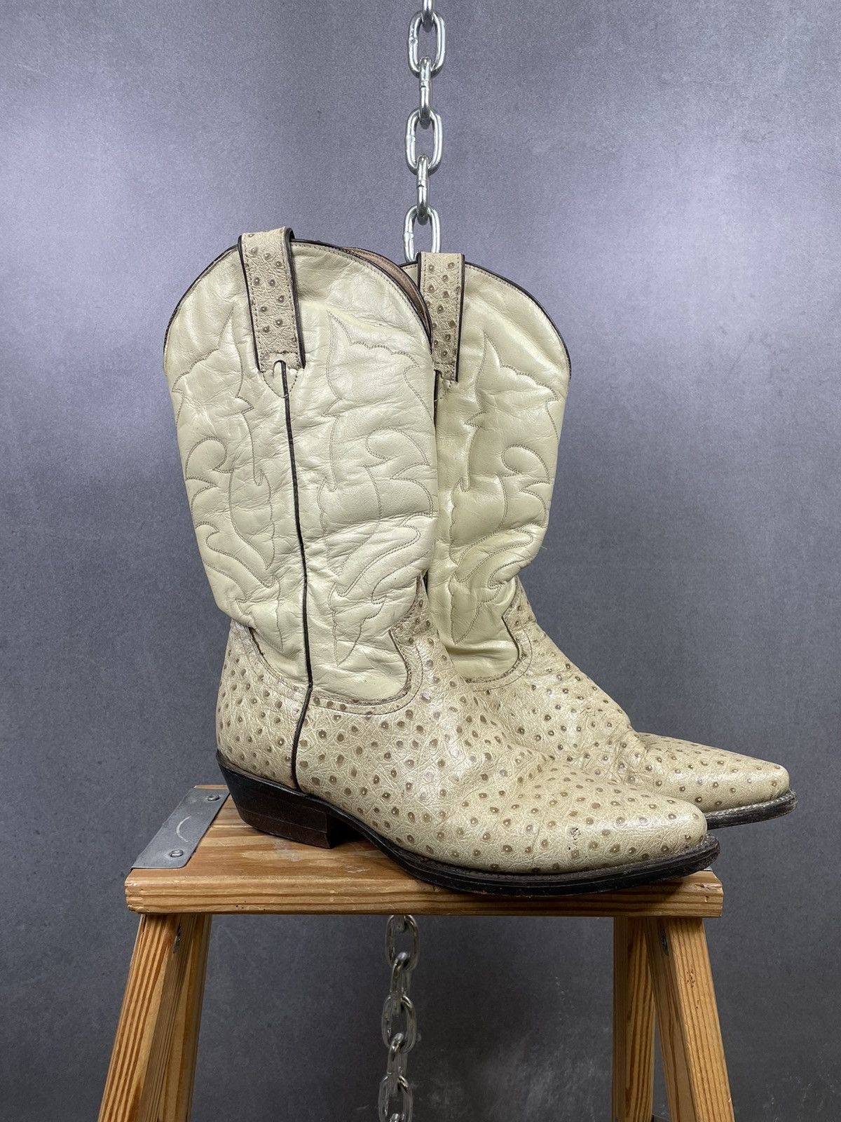 image of Vintage Ostrich Leather Lone Star Cowboy Boot White, Men's (Size 10.5)