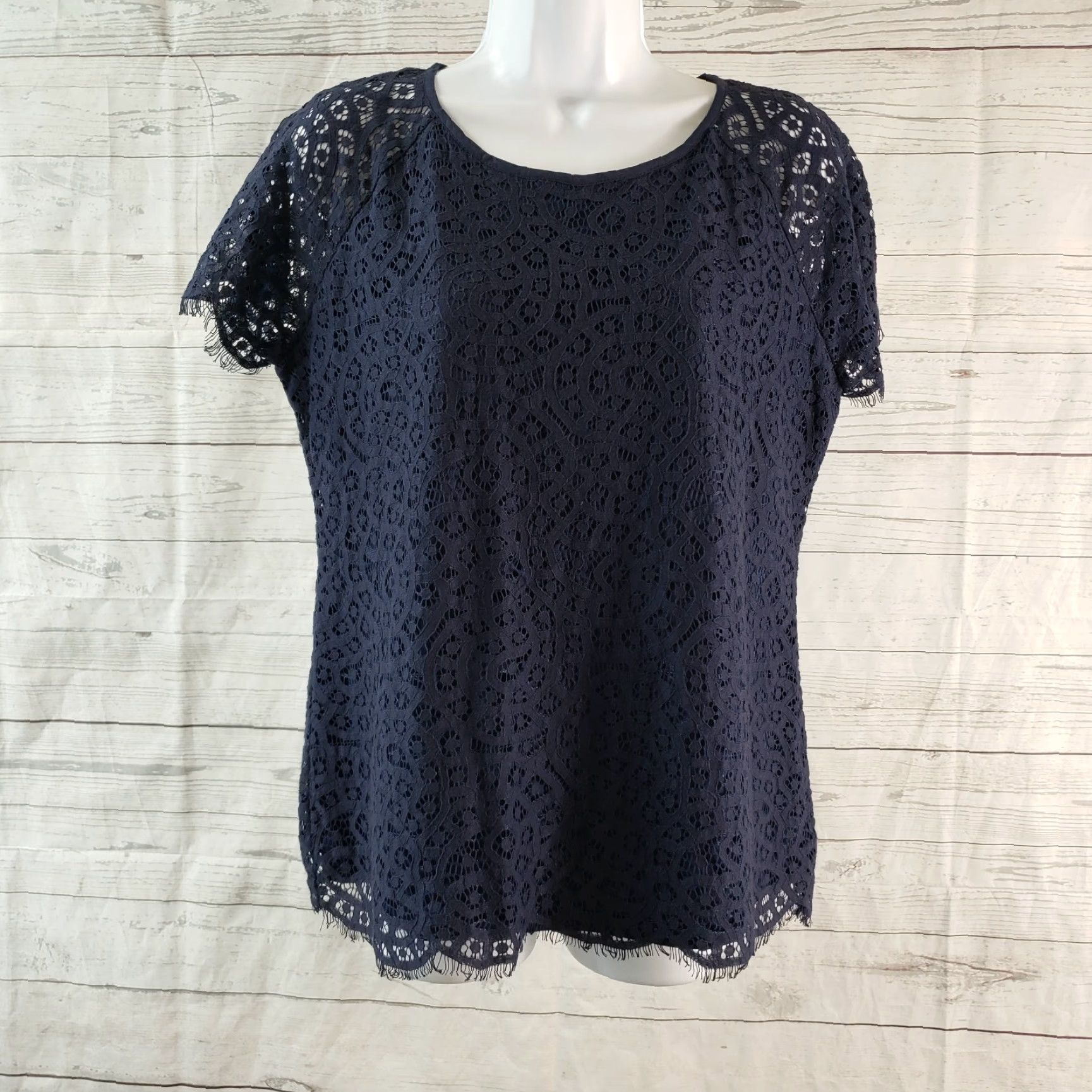 Vintage Solitaire Lace Top Blouse Short Sleeve Lined Womens Large Blue Shirt Size L / US 10 / IT 46 - 2 Thumbnail