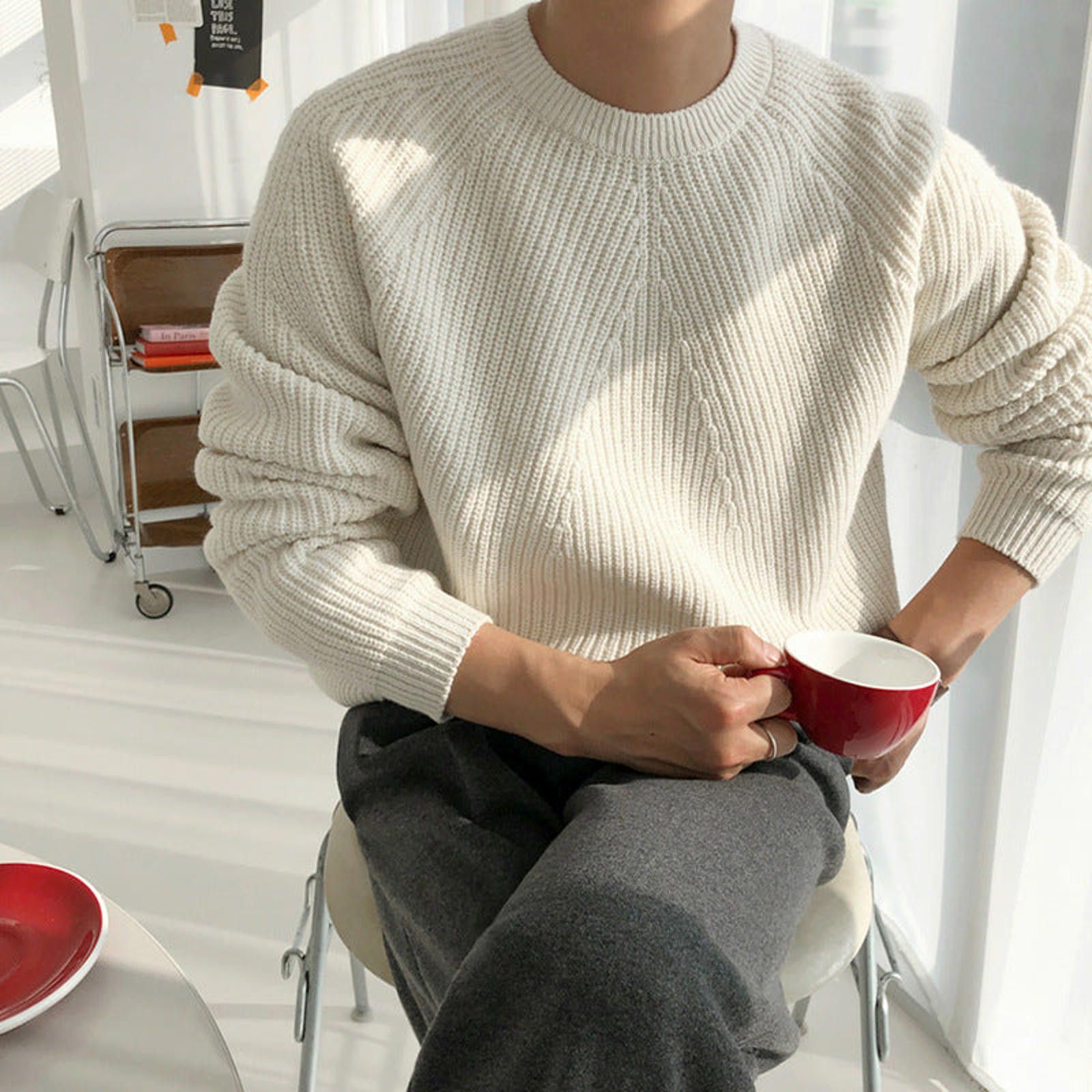 Vintage Olive Green Ribbed Crew Neck Sweater, Casual Knitwear Size US M / EU 48-50 / 2 - 7 Thumbnail