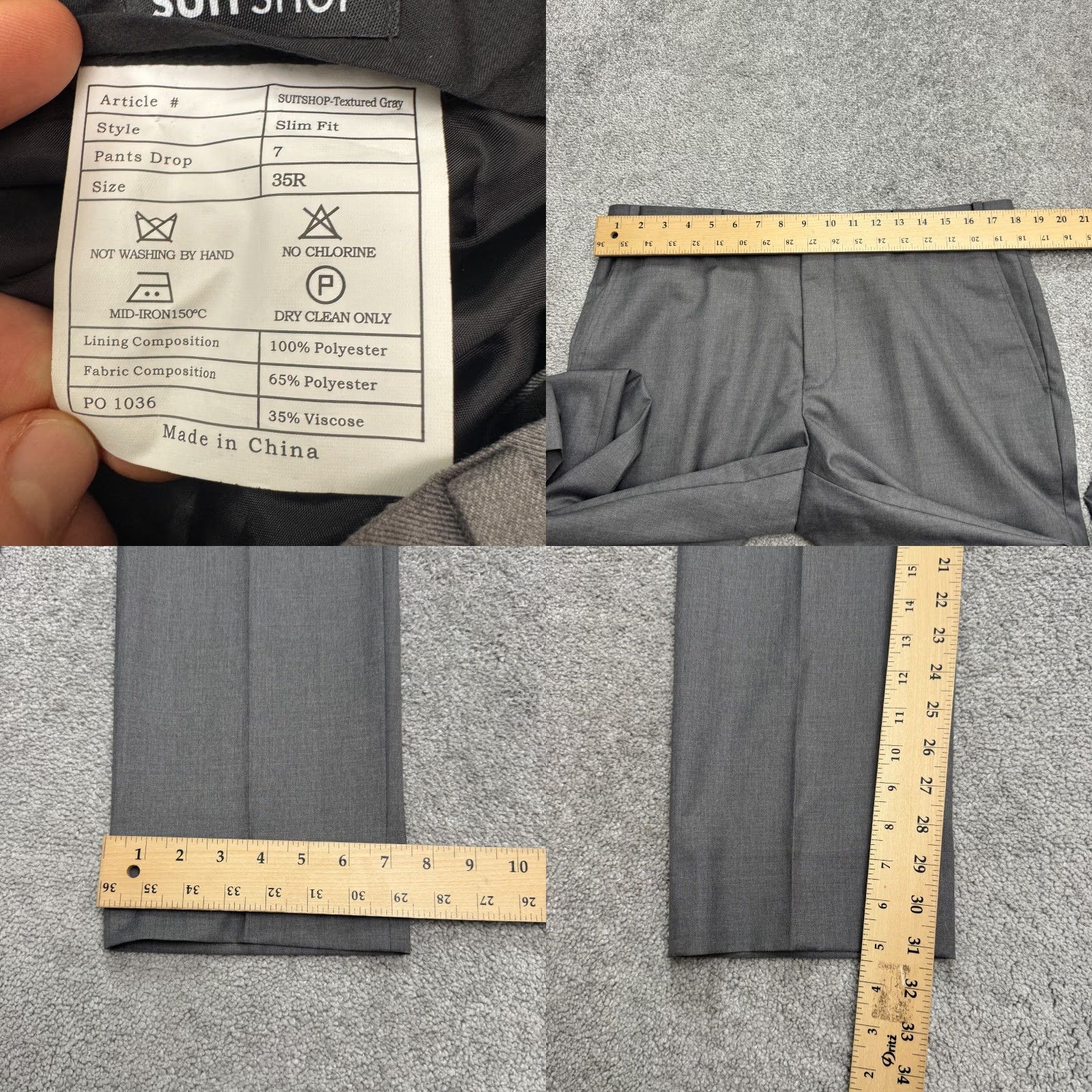 Vintage Suitshop Slim Fit Pants Mens 35R Gray Flat Front Straight Leg Trouser Dress Pants Slim Fit Men’s Gray Pant Size 34R - 8 Thumbnail