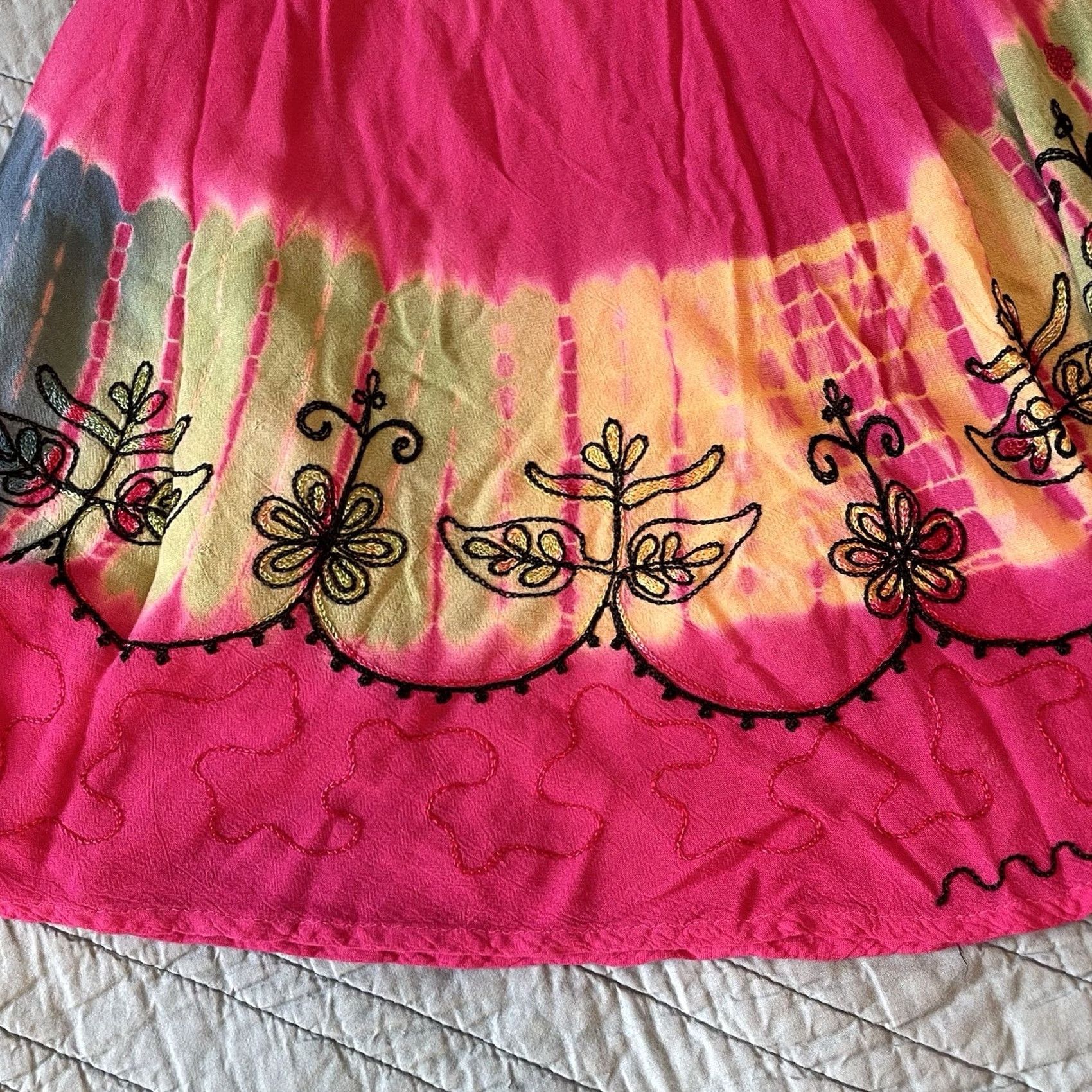 Pinko Ingear Dress One Size Pink Embroidered Tie-Dye Hippie A-Line Umbrella Dress Beach Light & Breezy Rayon Knee Length Women Linen? Size ONE SIZE - 7 Thumbnail