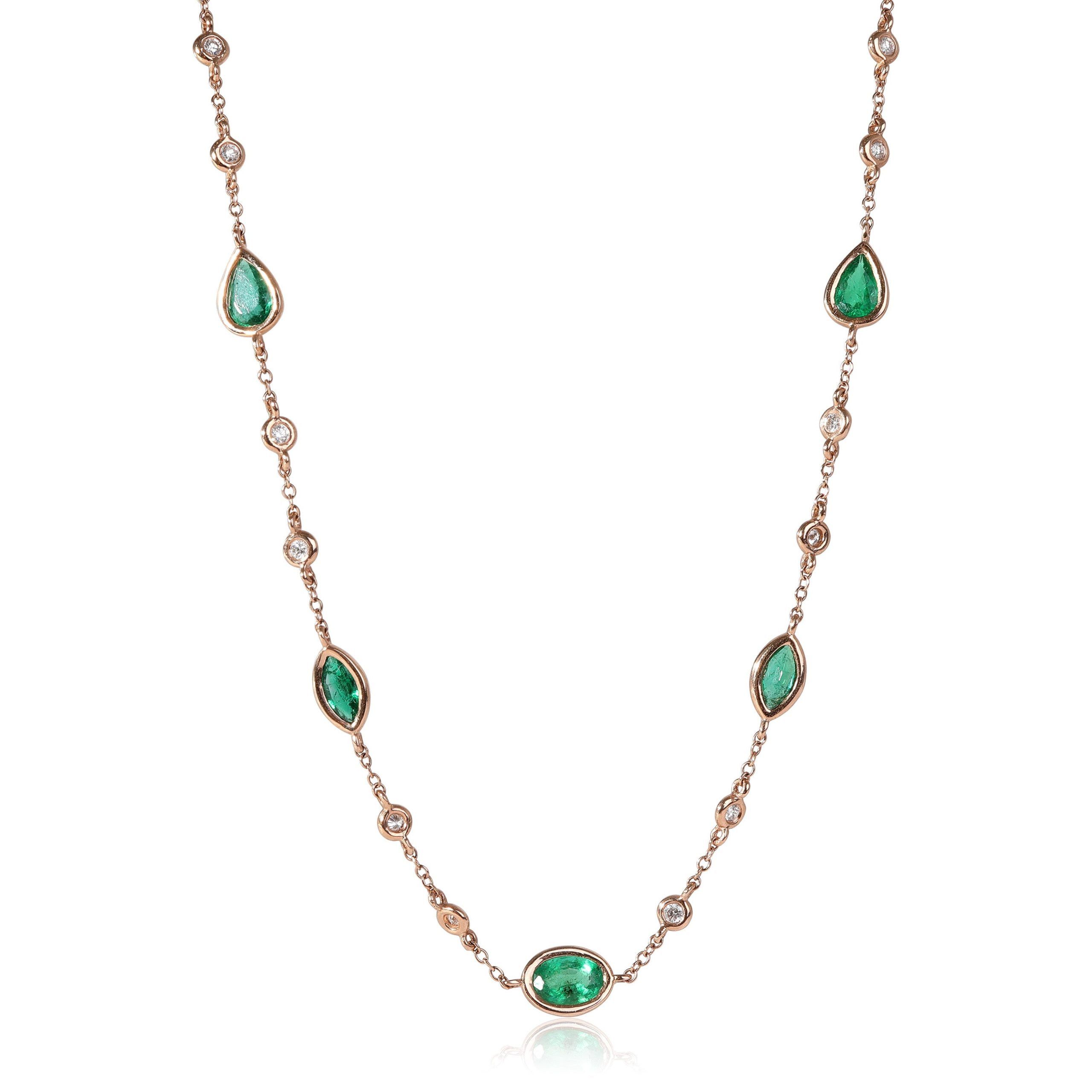 image of Tiffany Co Emerald Diamond Station Necklace In 14K Rose Gold 0.16 Ctw, Women's