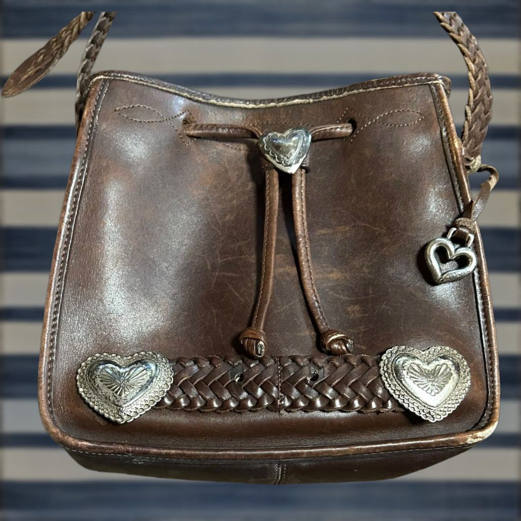 Brighton VINTAGE Brighton Western Crossbody Purse Hearts Leather Brown Conchos Damaged Women Crossbody Bag Medium Brown Leather, Silver Hardware Women Size ONE SIZE - 1 Thumbnail