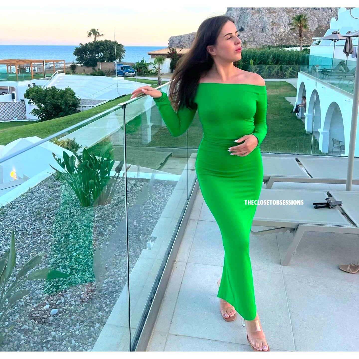 zara green off shoulder dress DRAPED LONG DRESS - Green