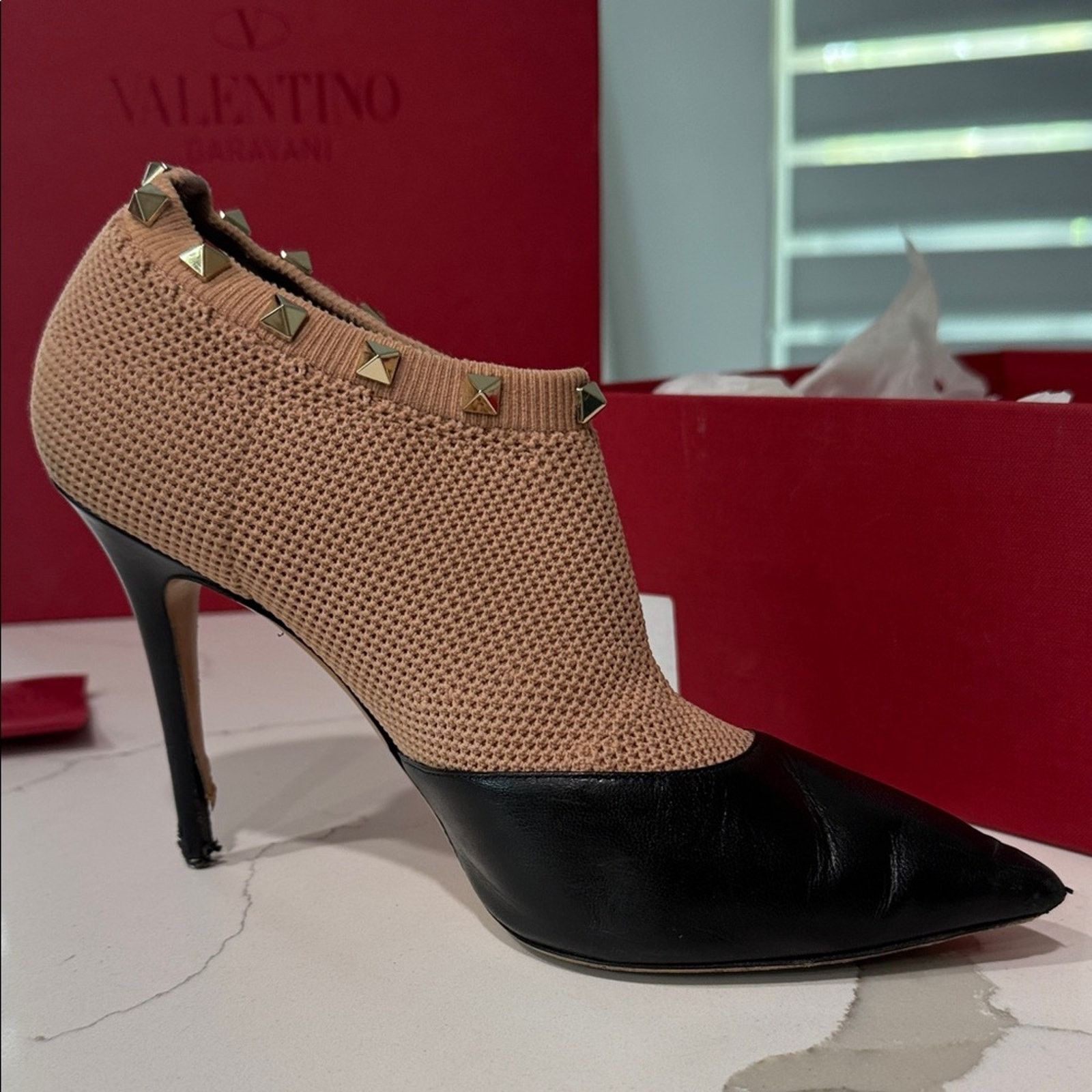 Valentino Valentino Garavani Beige Mesh Black Leather Studded Bootie Size US 8.5 / IT 38.5 - 10 Thumbnail