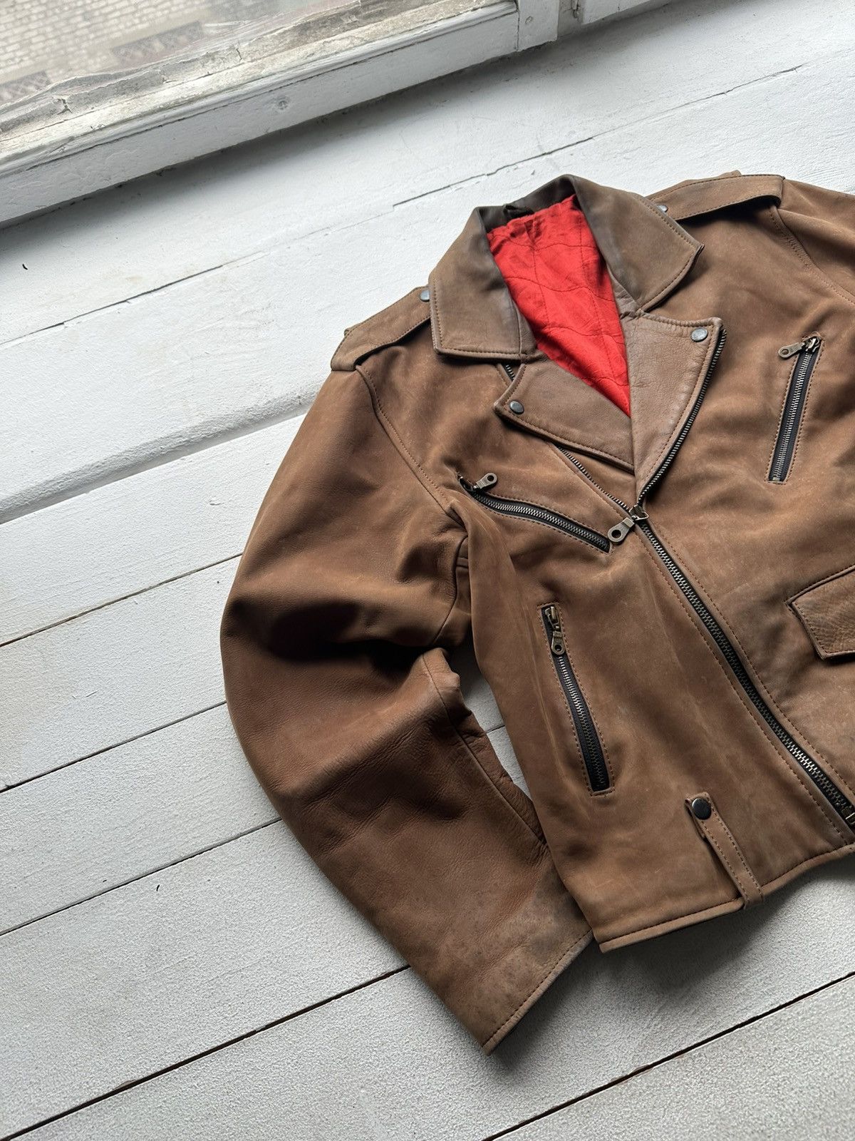Other 🚨VNTG LEATHER JACKET AVANT GARDE ASYMMETRICAL BROWN MOTO Size US XL / EU 56 / 4 - 2 Thumbnail
