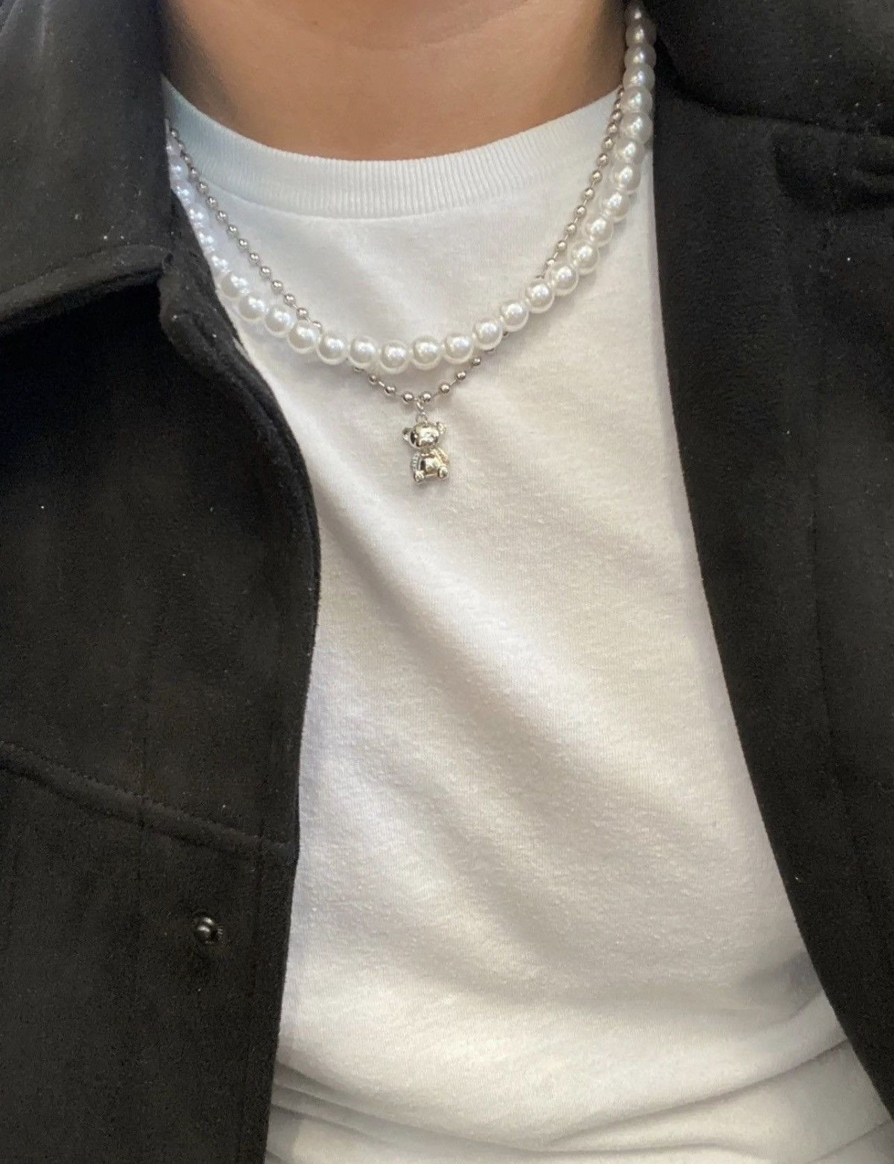 Jewelry Double Layer Pearl Bear Necklace Silver Necklace in White, Men's