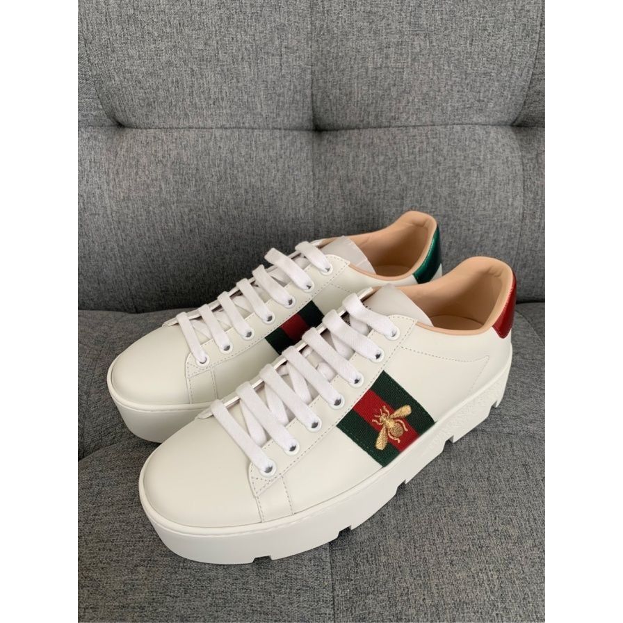 Gucci Ace Embroidered White Sneakers W/ Platform Sole Red &