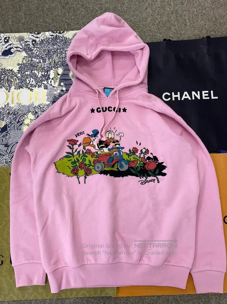 Gucci Pink Donald Duck Embroidered Printed Hooded Sweatshi