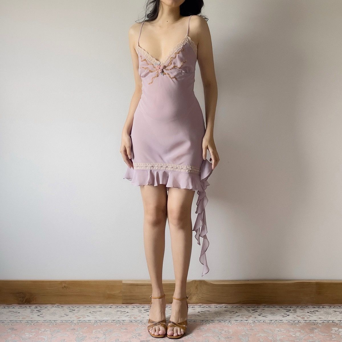 Vintage Romantic Dusty Purple Chiffon Semi-Sheer Mini Dress (Large) Size L / US 10 / IT 46 - 3 Thumbnail