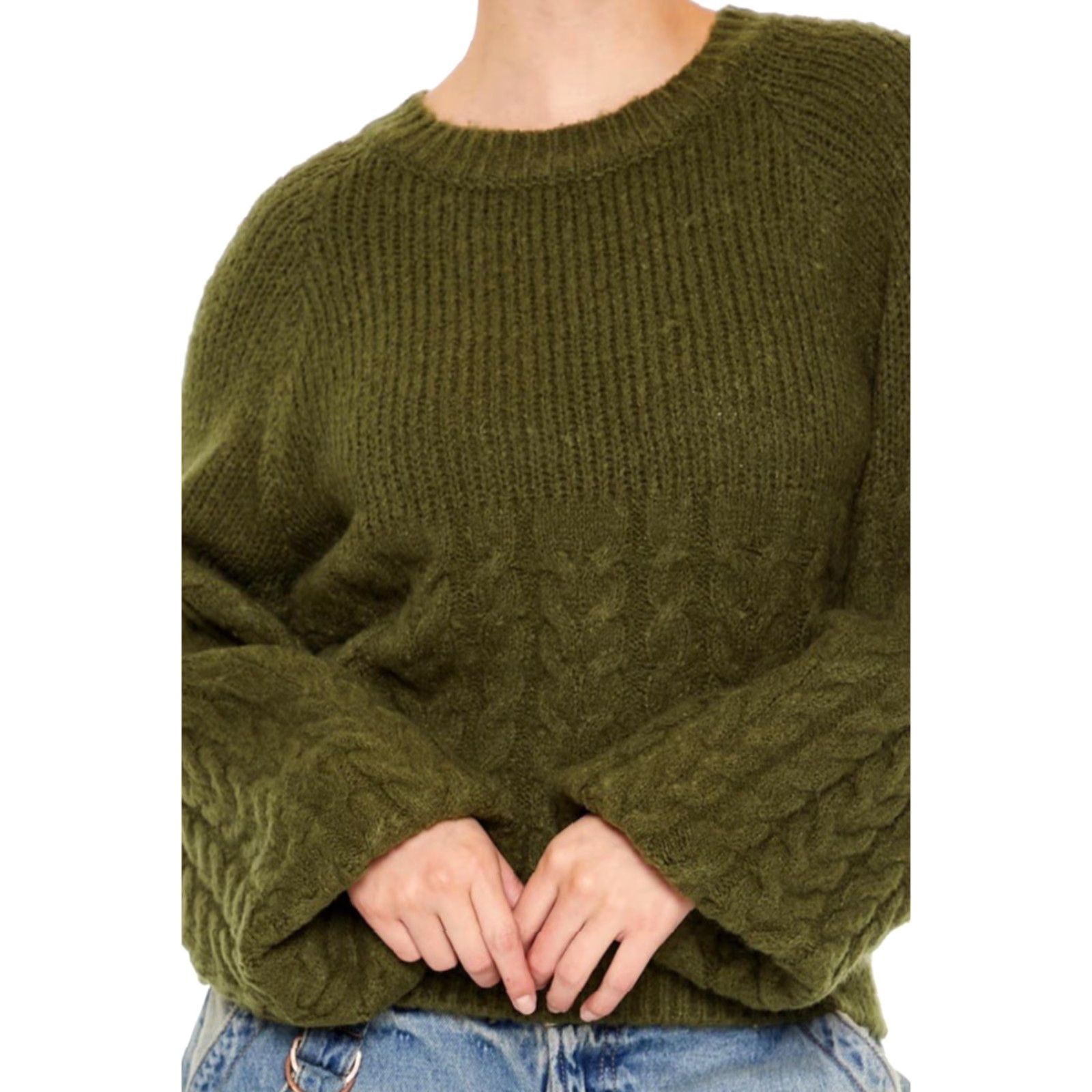 Forever 21 FOREVER 21 Women’s Sweater NWT Cable Knit Peasant-Sleeve Green Size M - Fall Winter, Casual Pullover, Round Neck, Long Sleeve, Womens Size M / US 6-8 / IT 42-44 - 4 Thumbnail